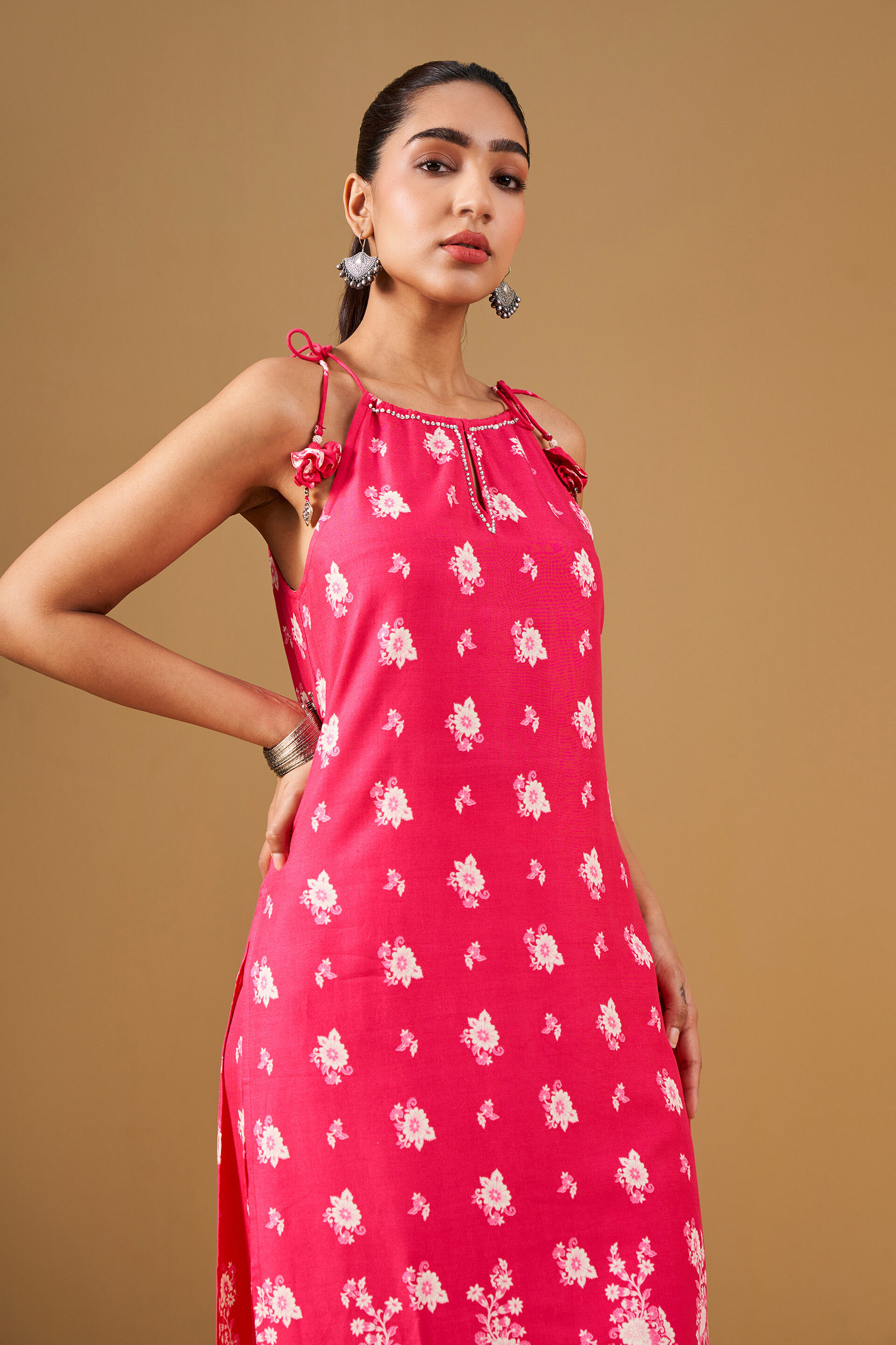 Floral Print Pink Viscose Kurta Set, Pink, image 4