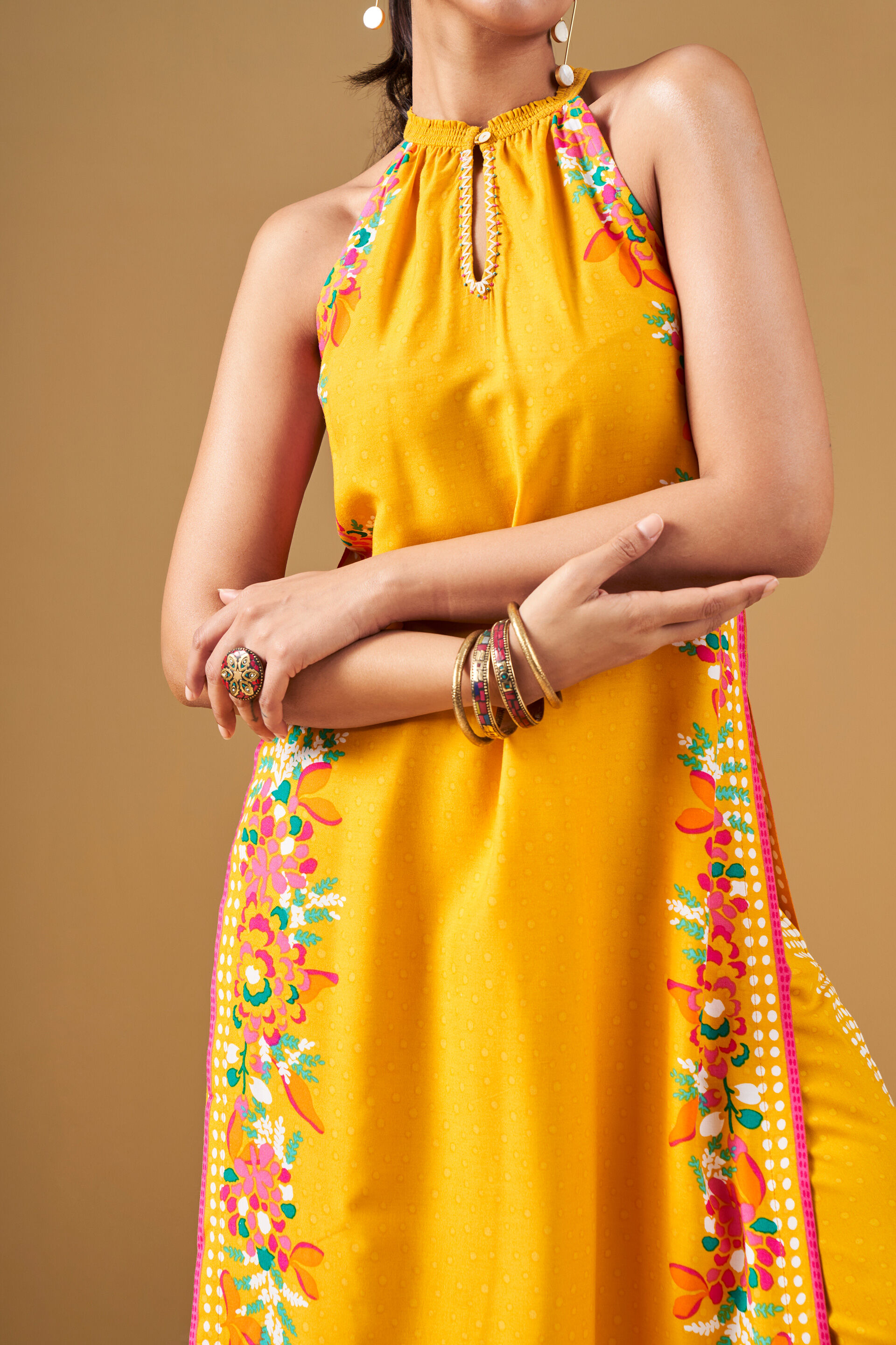 Floral Print Mustard Viscose Kurta Set, Mustard, image 7