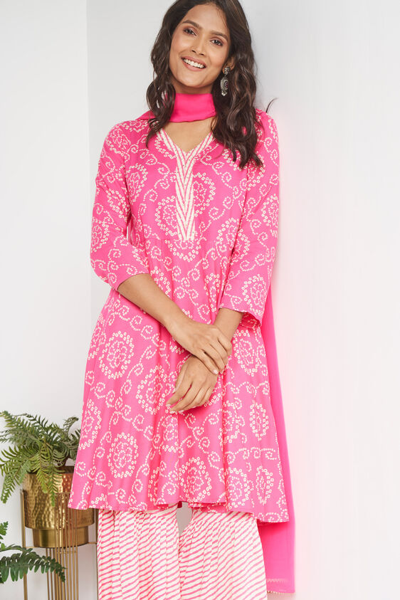 Coral Ethnic Motifs Fit & Flare Suit Set, Coral, image 3