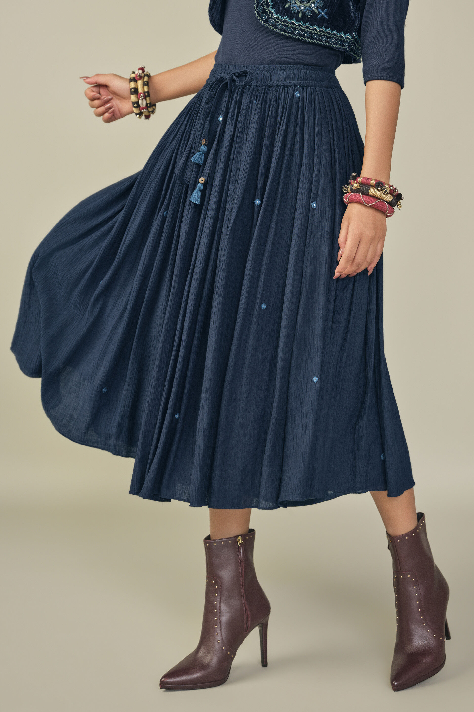 Mirror Detailed Flared Skirt in Indigo, Indigo, image 3