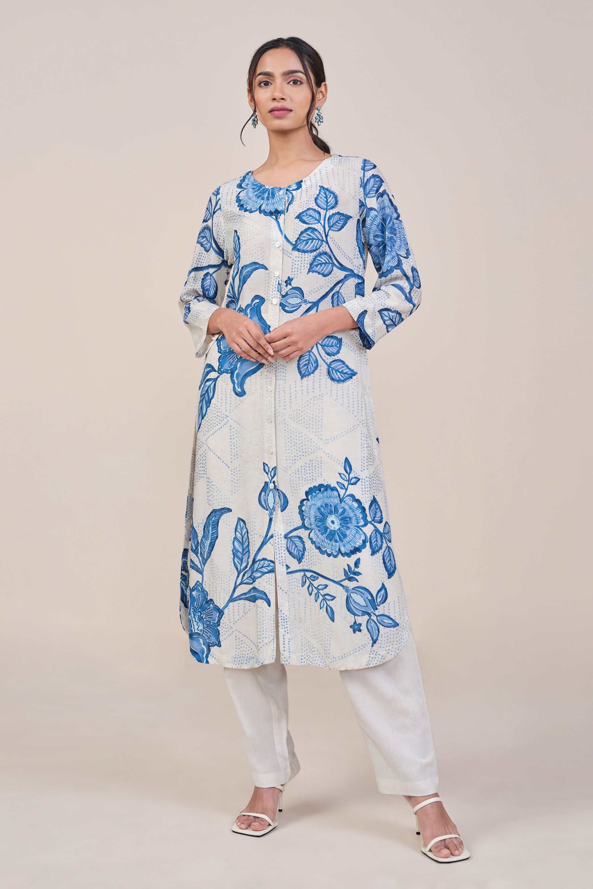 White Floral Inspired Viscose Kurta, Off White, image 4