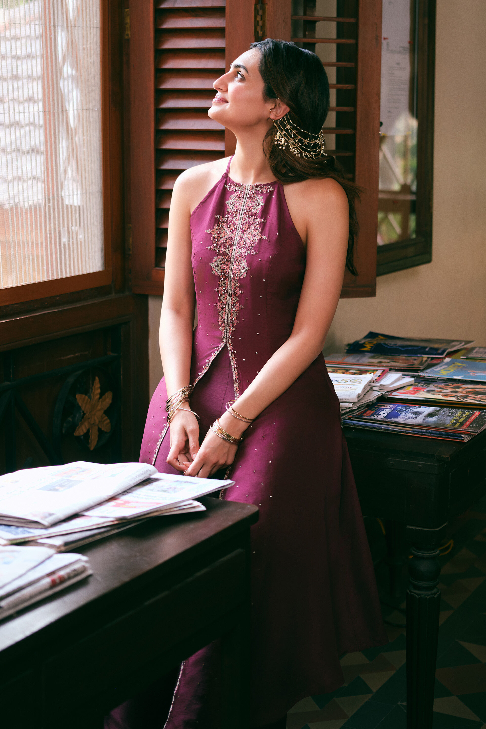Solid A-line Kurta Set in Wine, Wine, image 2