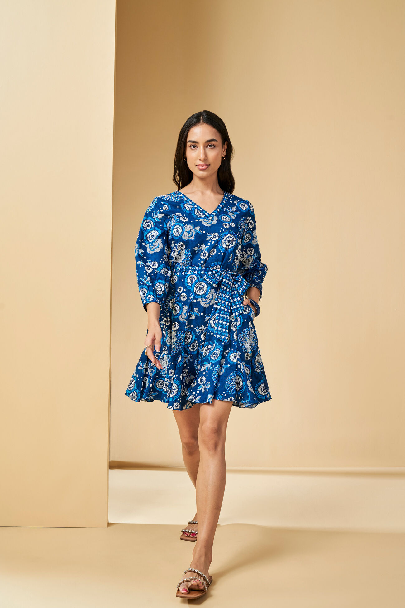 Ikat inspired Cotton Dress, Blue, image 1