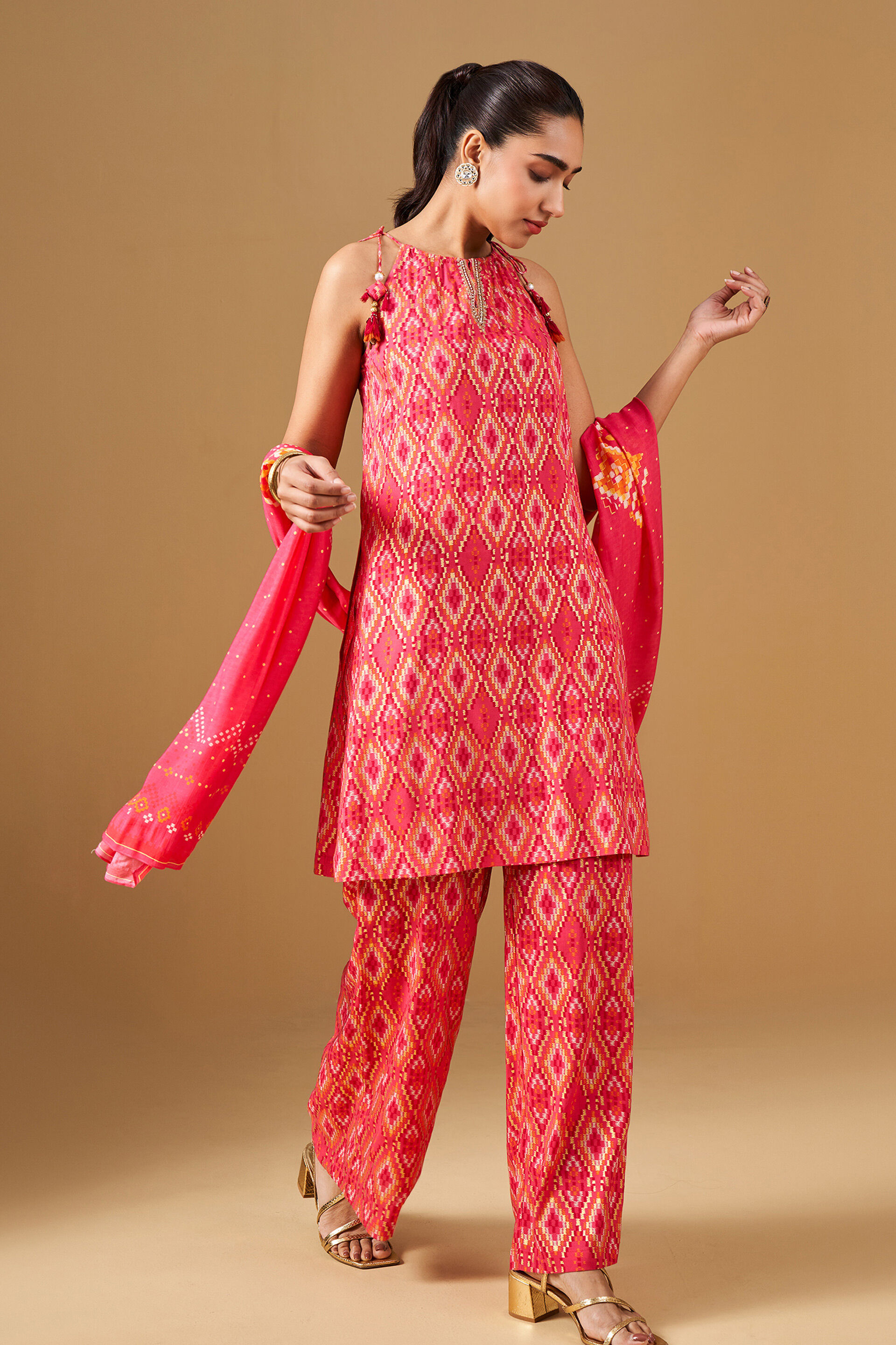 Pink Geometric Print Viscose Kurta Set, Pink, image 2