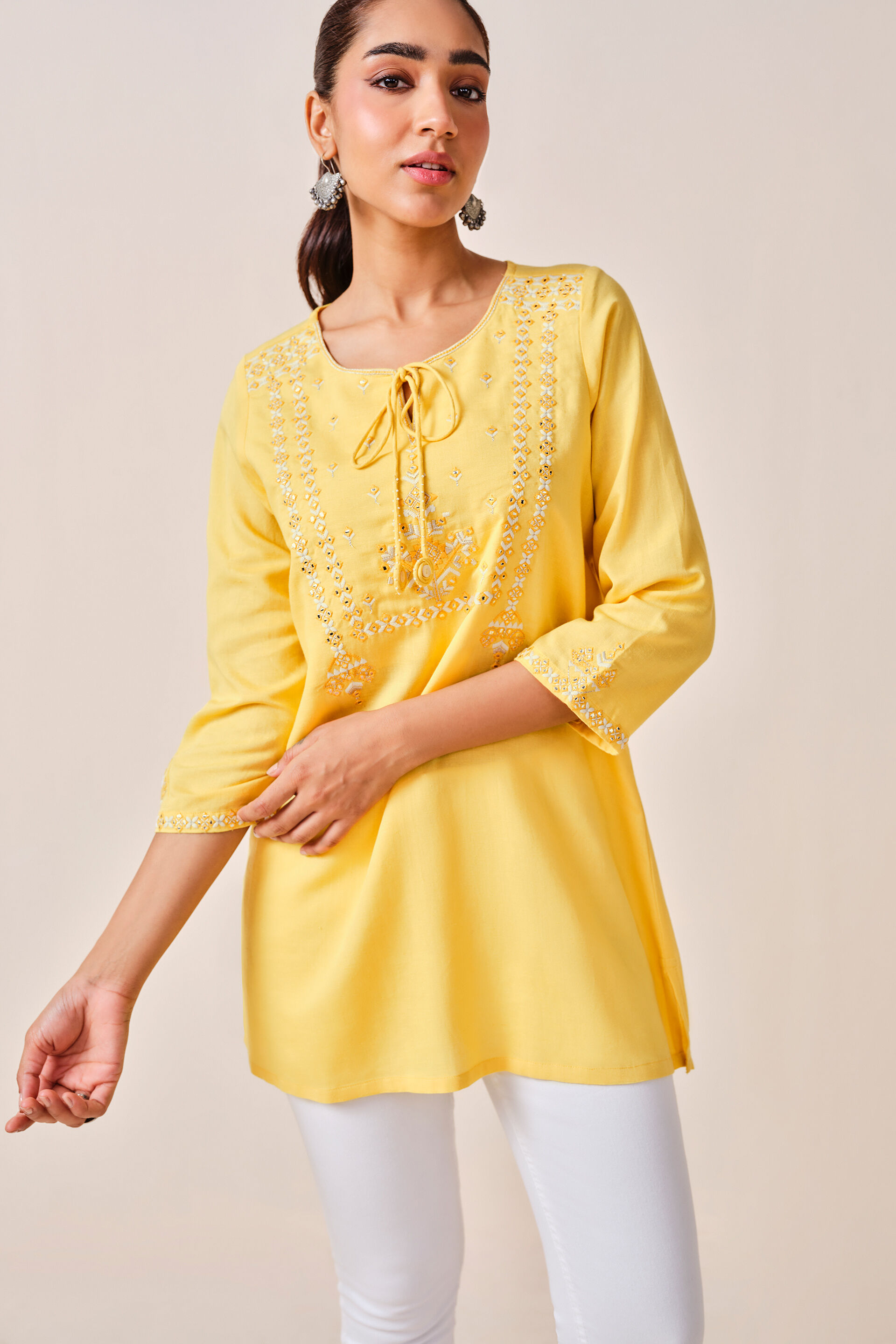 Mustard Embroidered Viscose Top, Mustard, image 2
