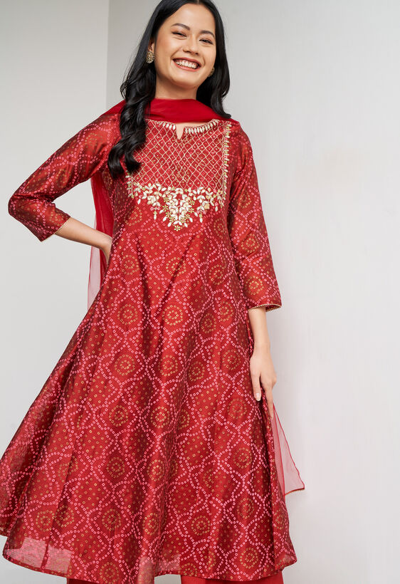 Red Ethnic Motifs Curved Suit, Red, image 1