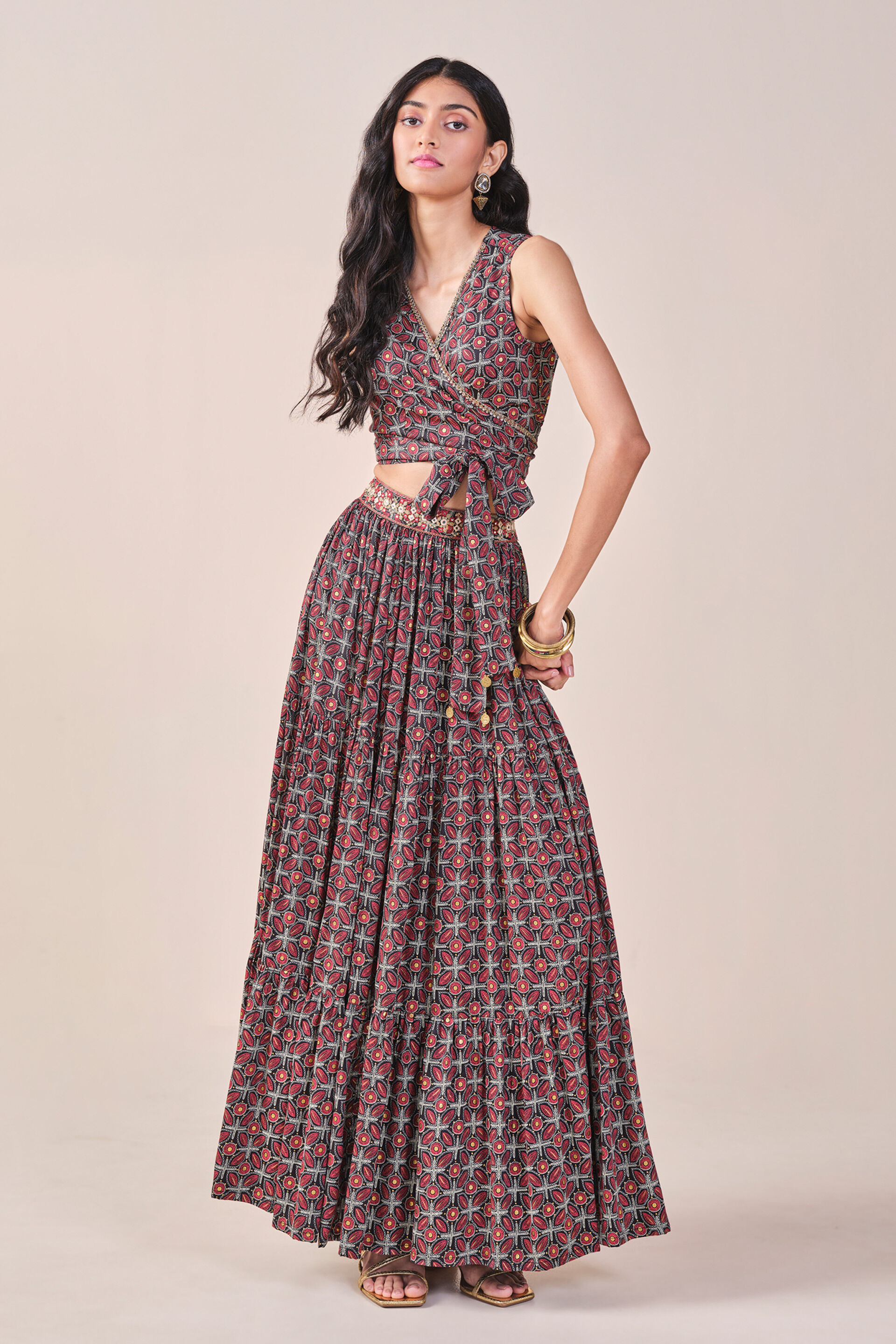 Floral Print Embroidered Tiered Skirt Set, Black, image 4