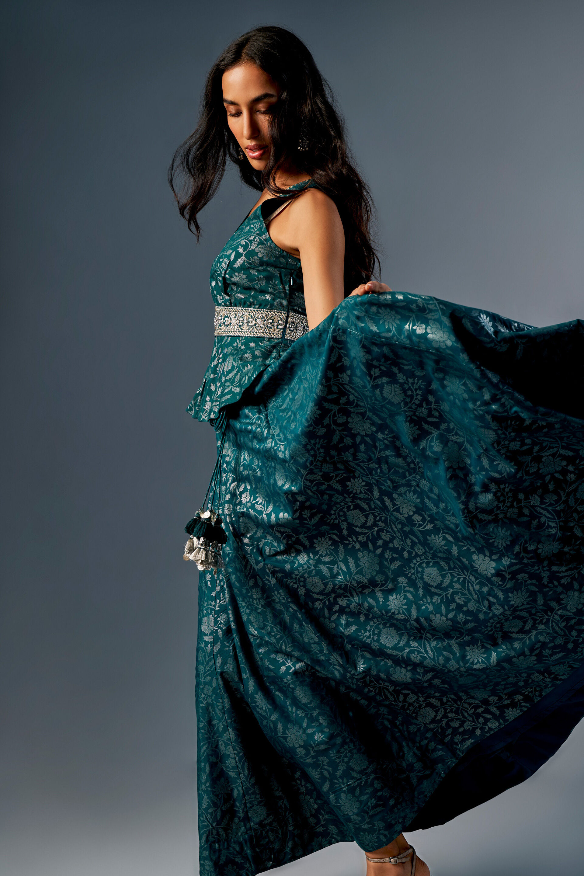 Peplum Top Skirt Set, Dark Green, image 4