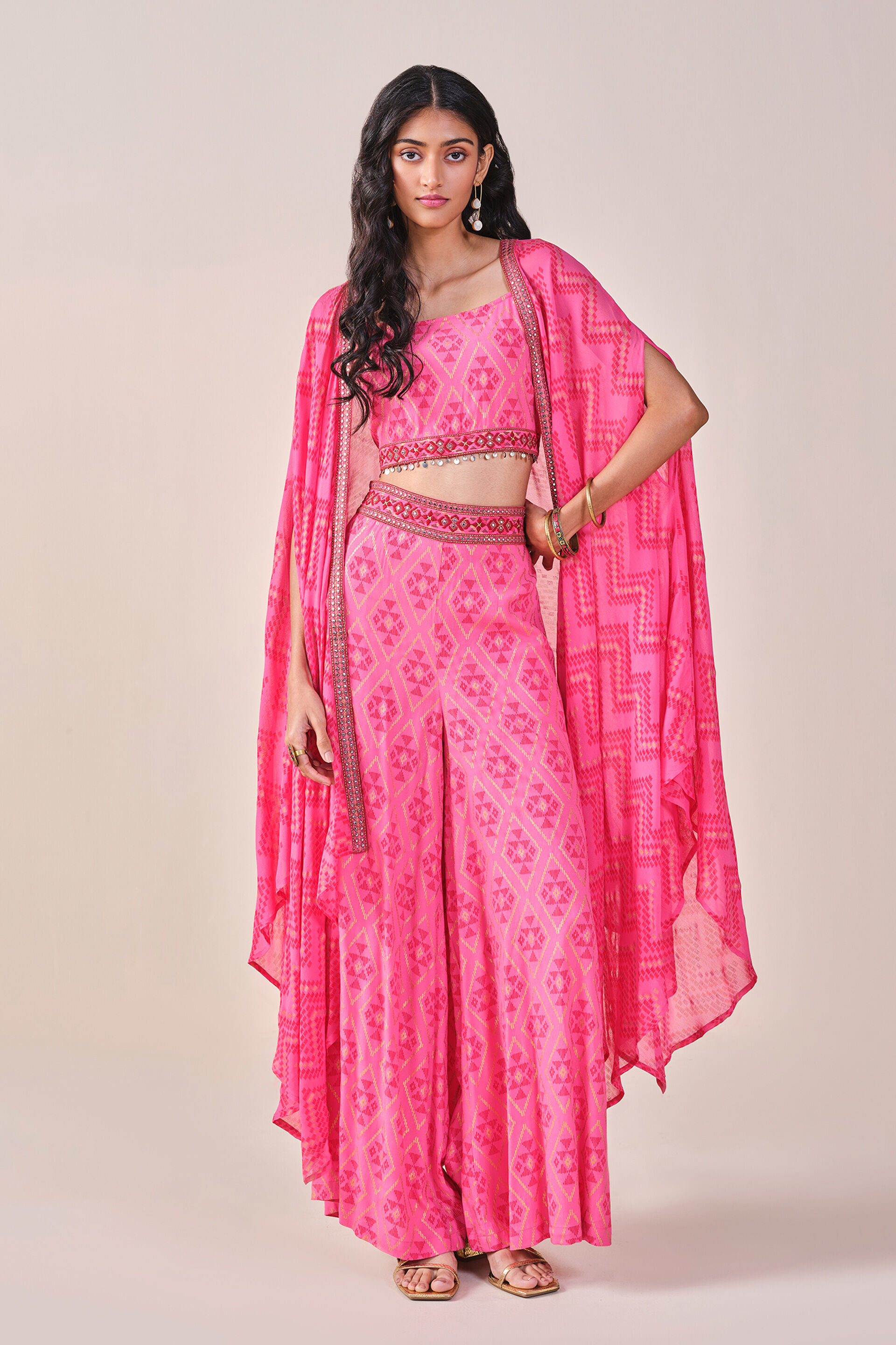 Pink Chevron Embroidered Palazzo Set, Pink, image 5