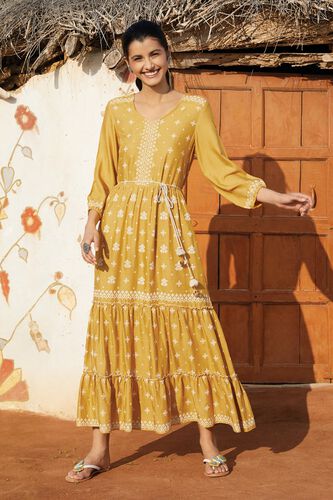 1 - Mustard Floral V-Neck Fit and Flare Dress, image 1