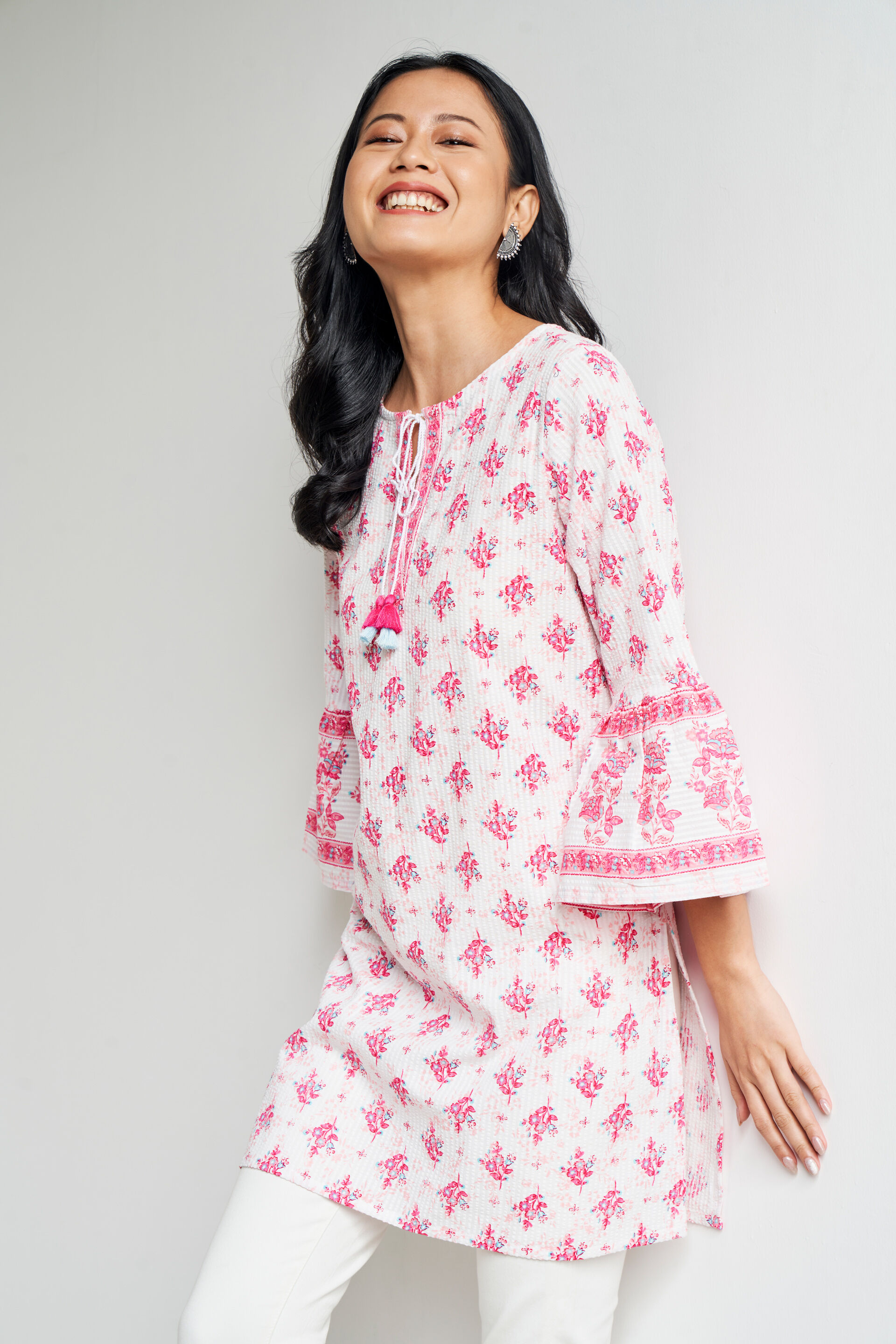 White Ethnic Motifs Straight Tunic, White, image 4