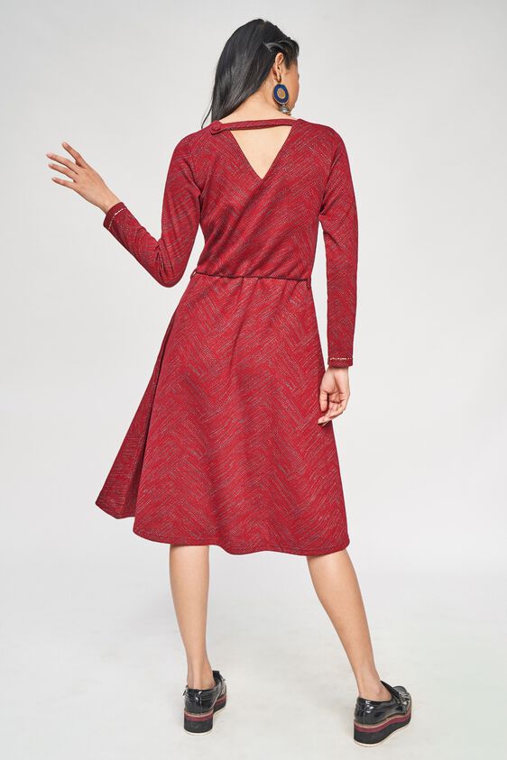 4 - Maroon Embroidered Round Neck Fit and Flare Dress, image 4