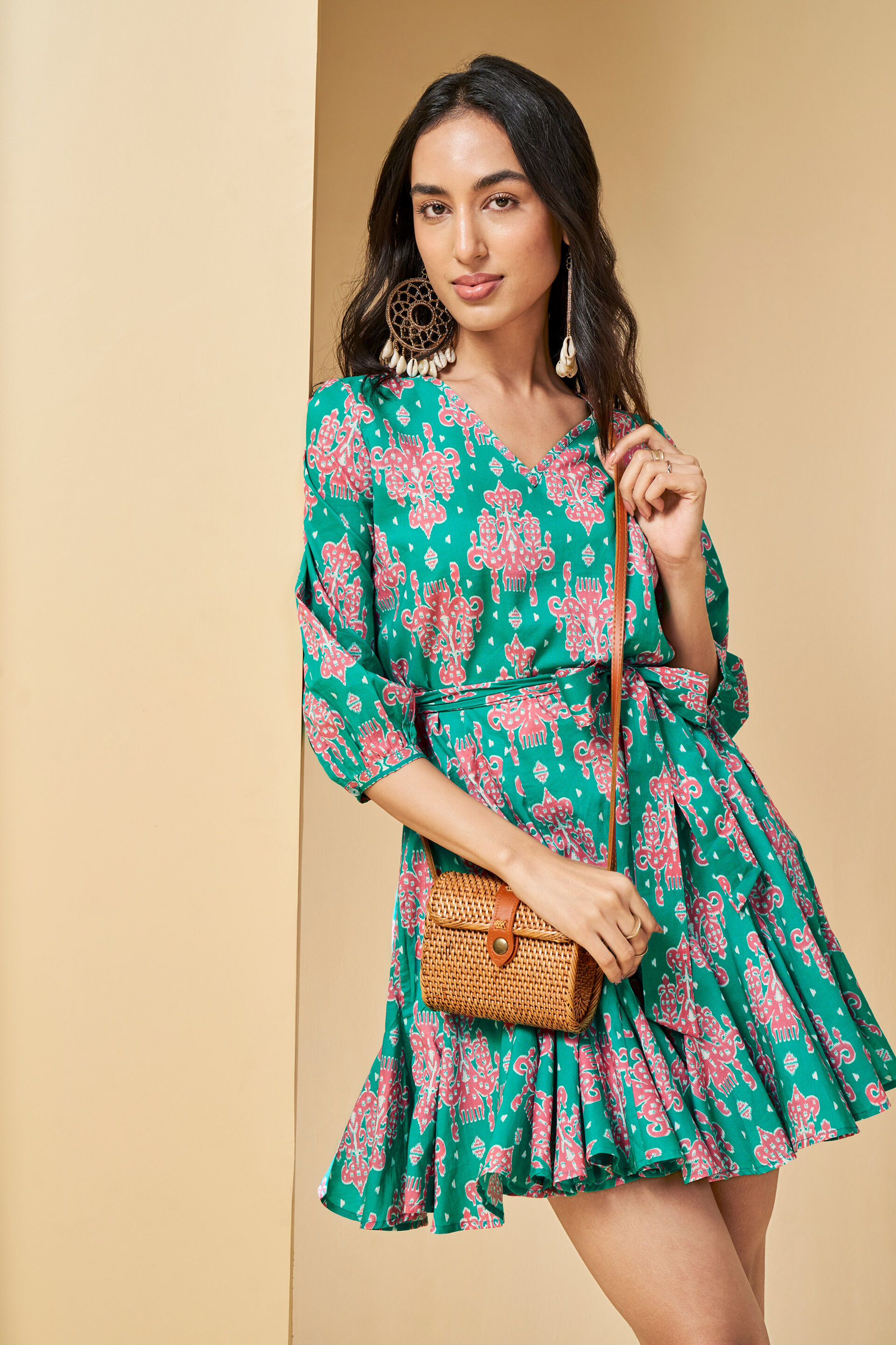 Floral Fun Cotton Short Dress, Green, image 3