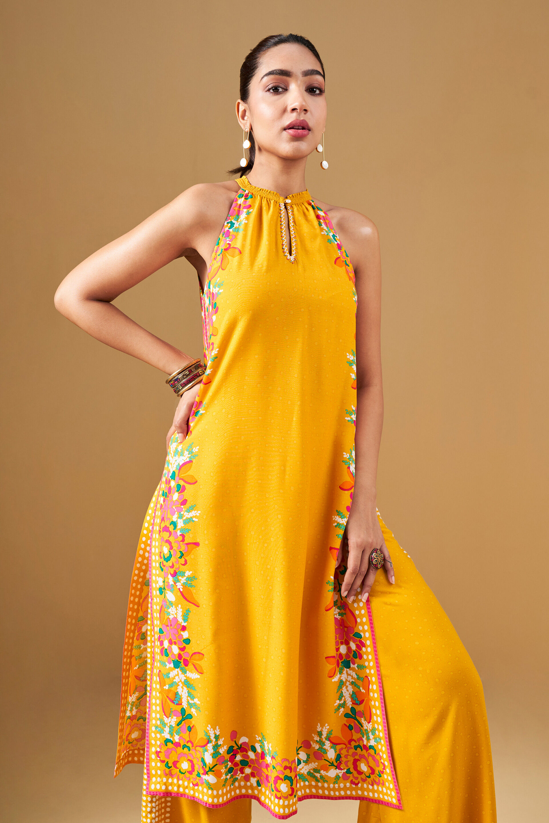 Floral Print Mustard Viscose Kurta Set, Mustard, image 3