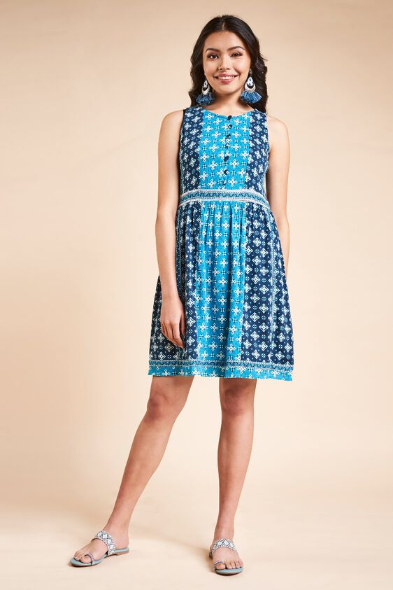 4 - Blue Geometric Print Fit and Flare Short Dress, image 4