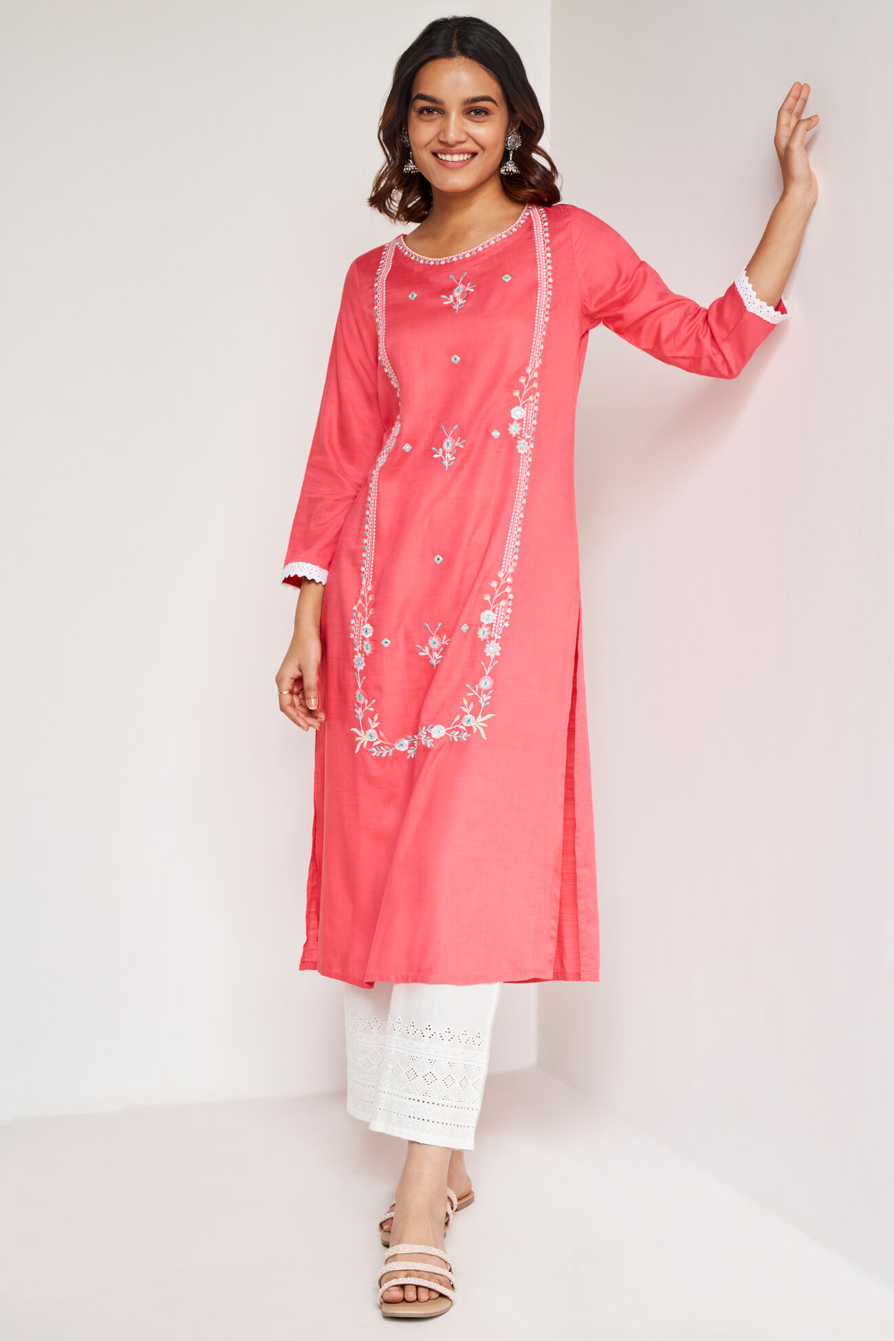 Coral Solid Embroidered Straight Kurta, Coral, image 1