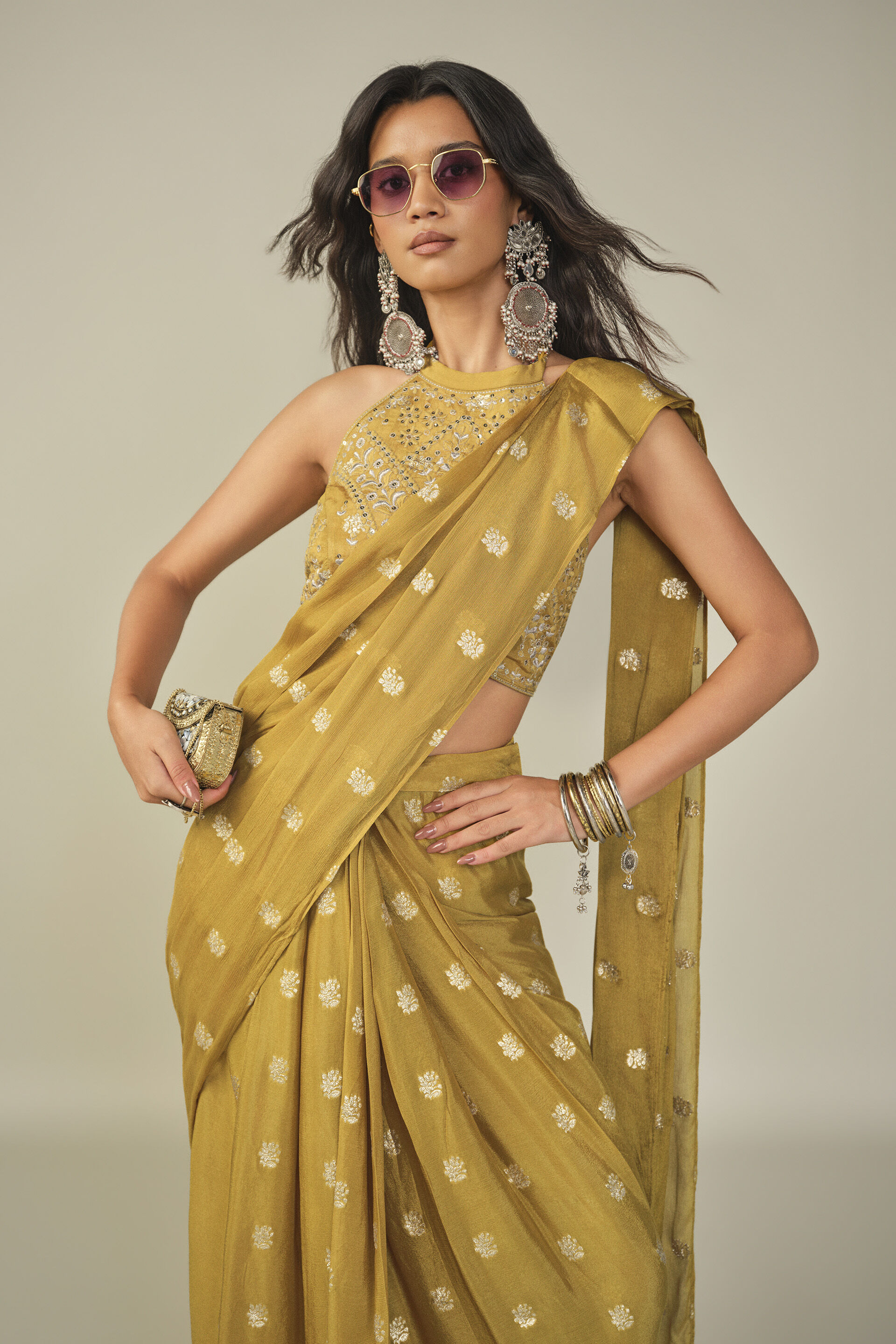 Embroidered Pre-stitched Saree in Yellow, Yellow, image 4