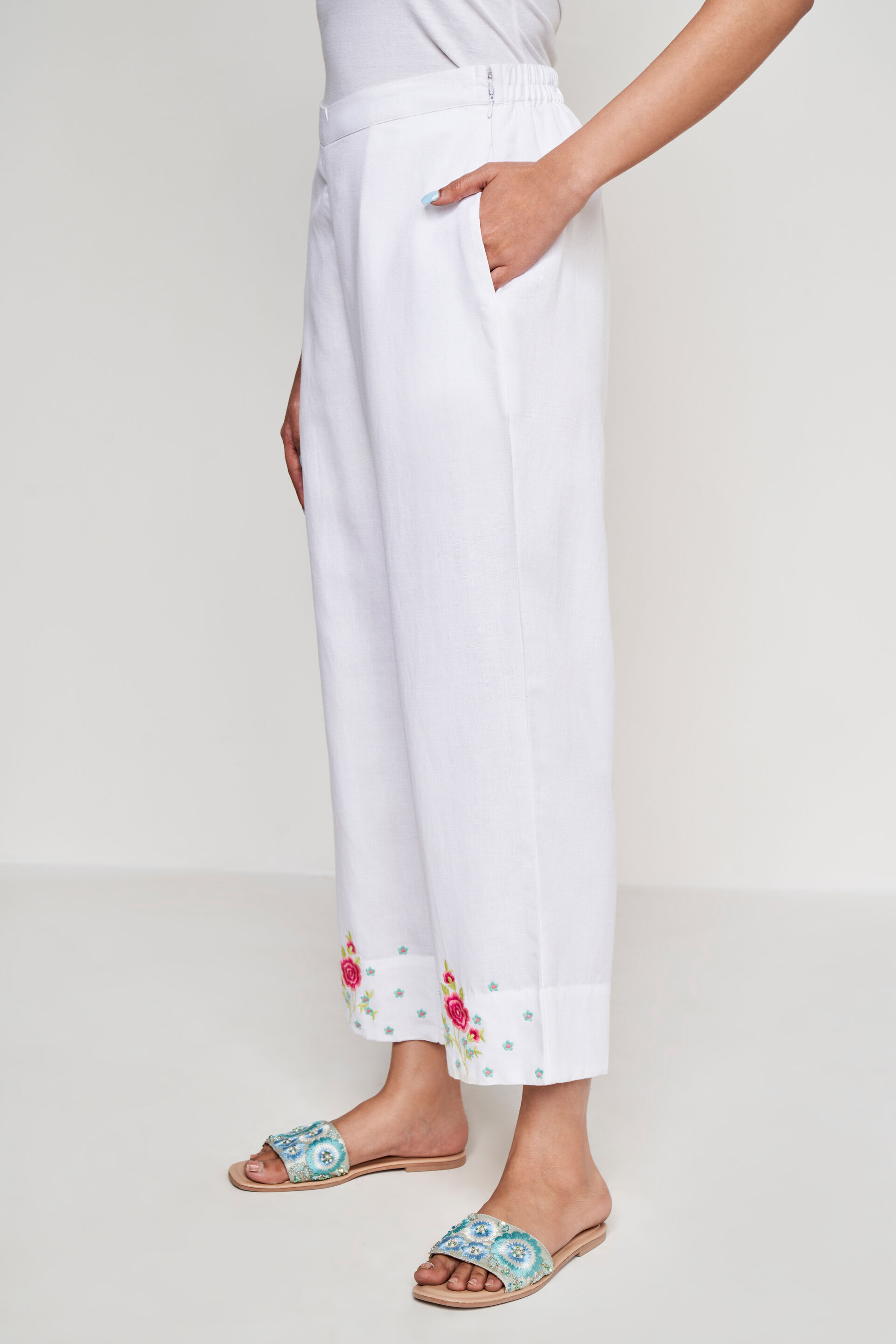 White Solid Embroidered Bottom, White, image 2