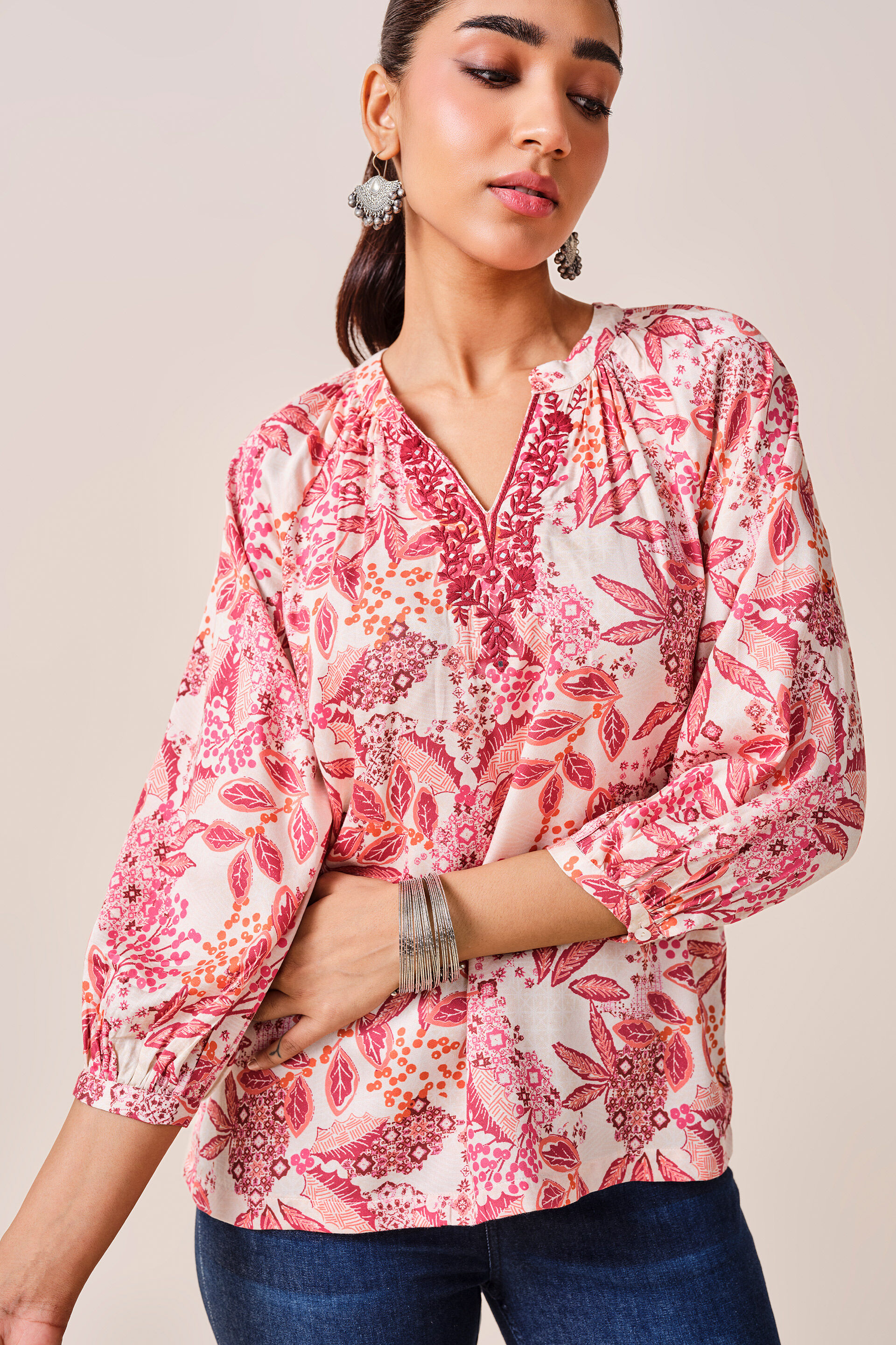 Coral Floral Print Viscose Top, Coral, image 4