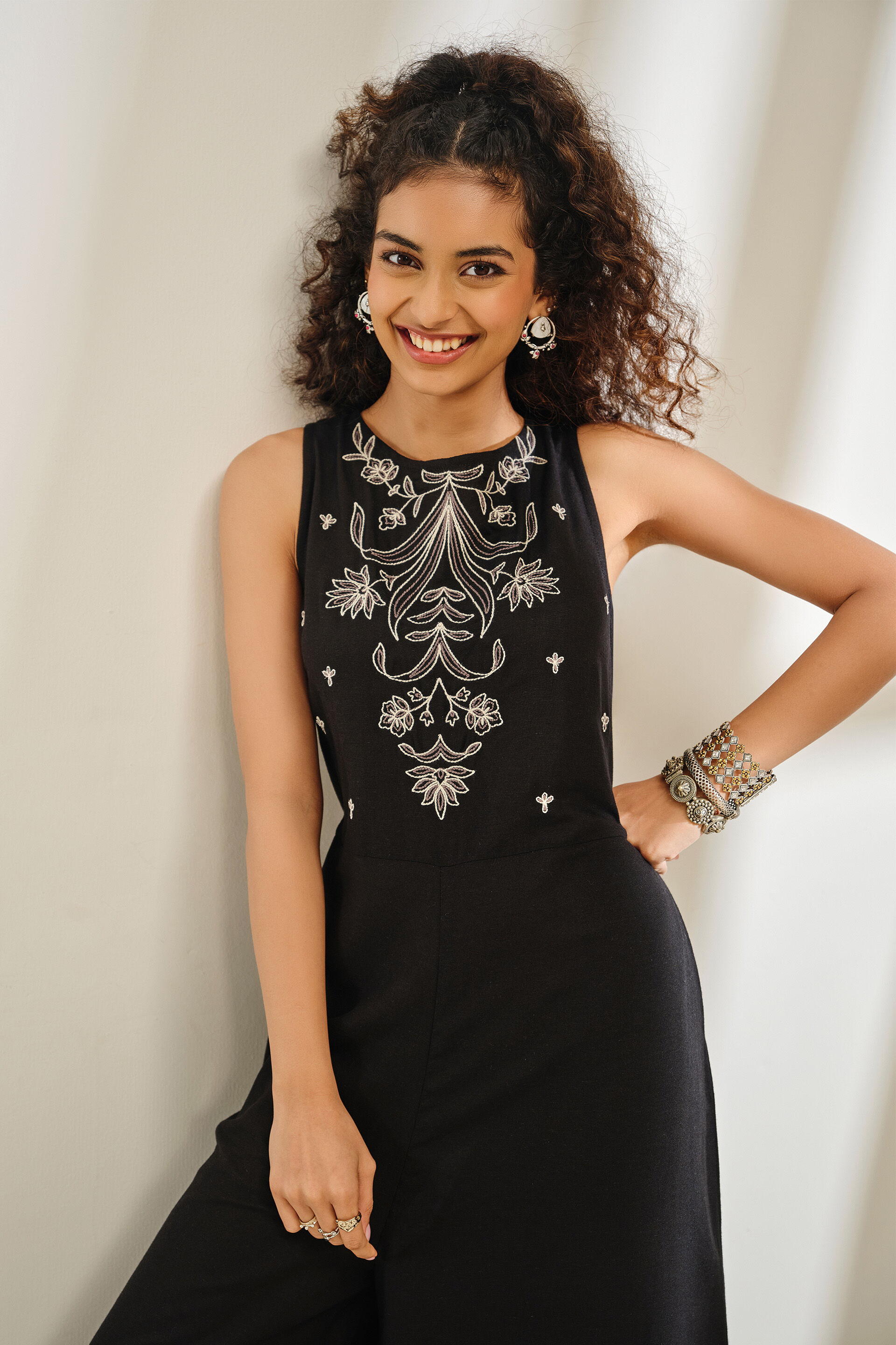 Black Jharna Embroidered Jumpsuit, Black, image 3