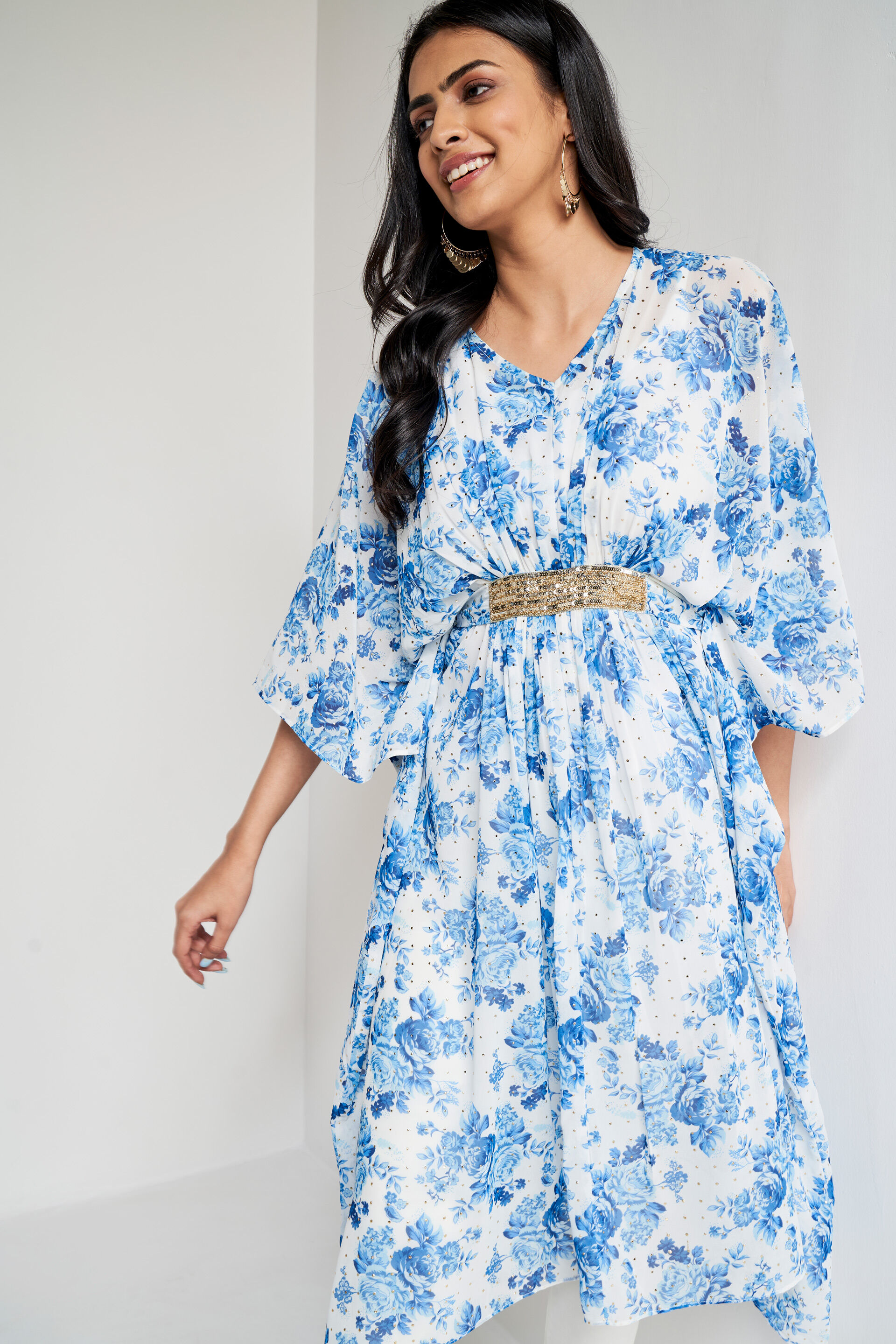 White Floral Asymmetric Gown, White, image 2