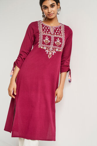 Wine Solid Straight Kurta, Wine, image 1