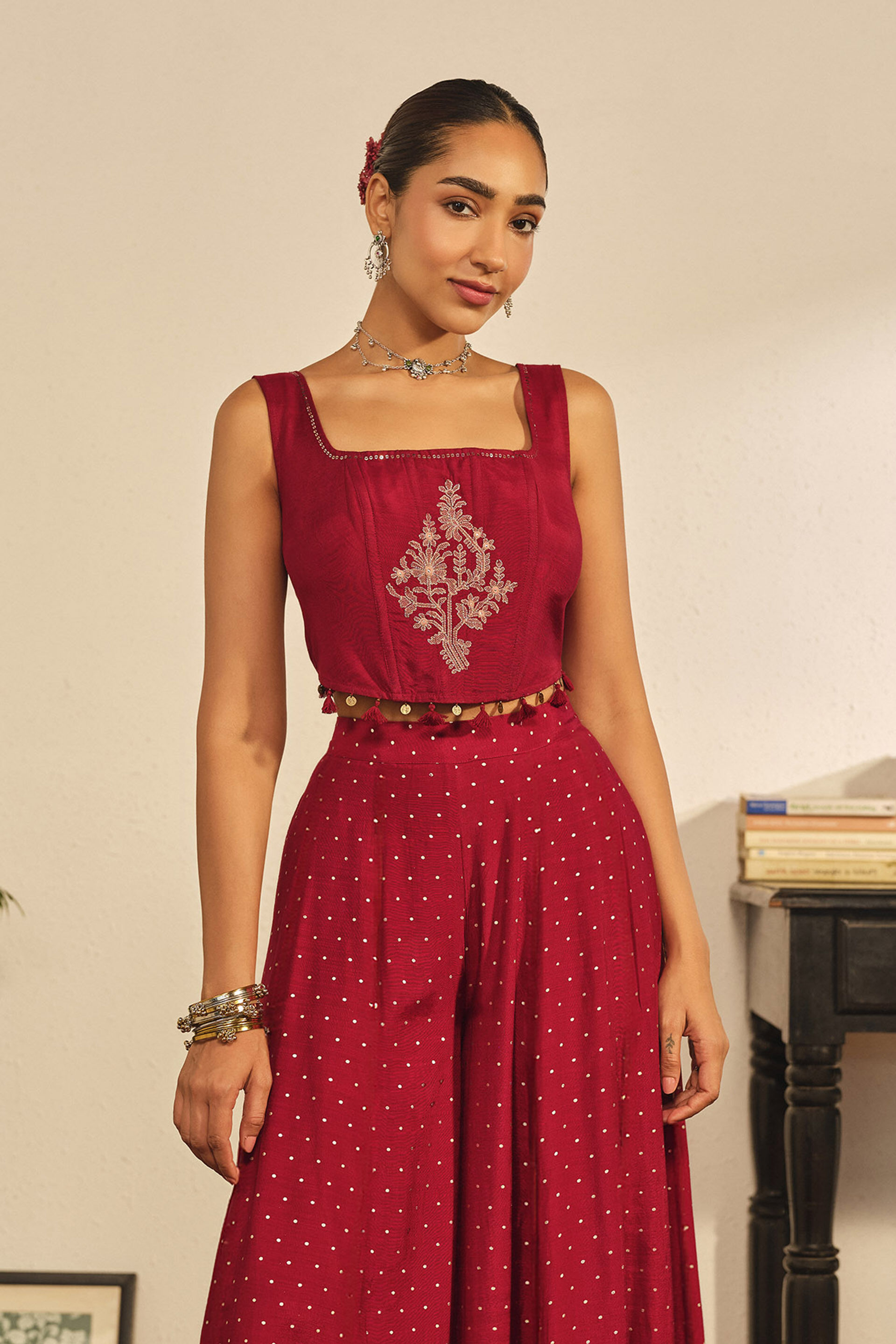 Red Embroidered Crop Top