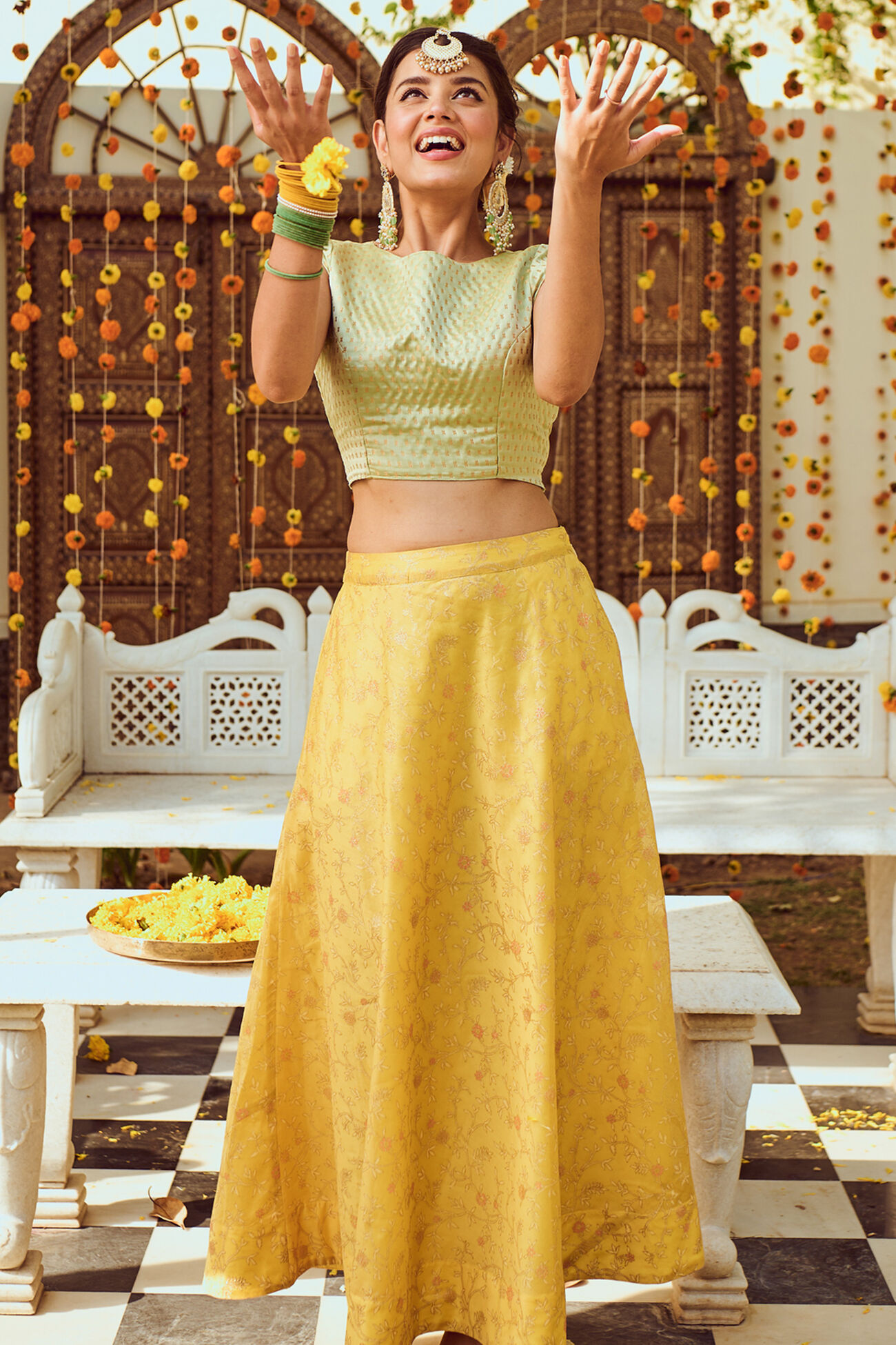 Ethnic Motifs Flared Skirt, Mustard, image 1