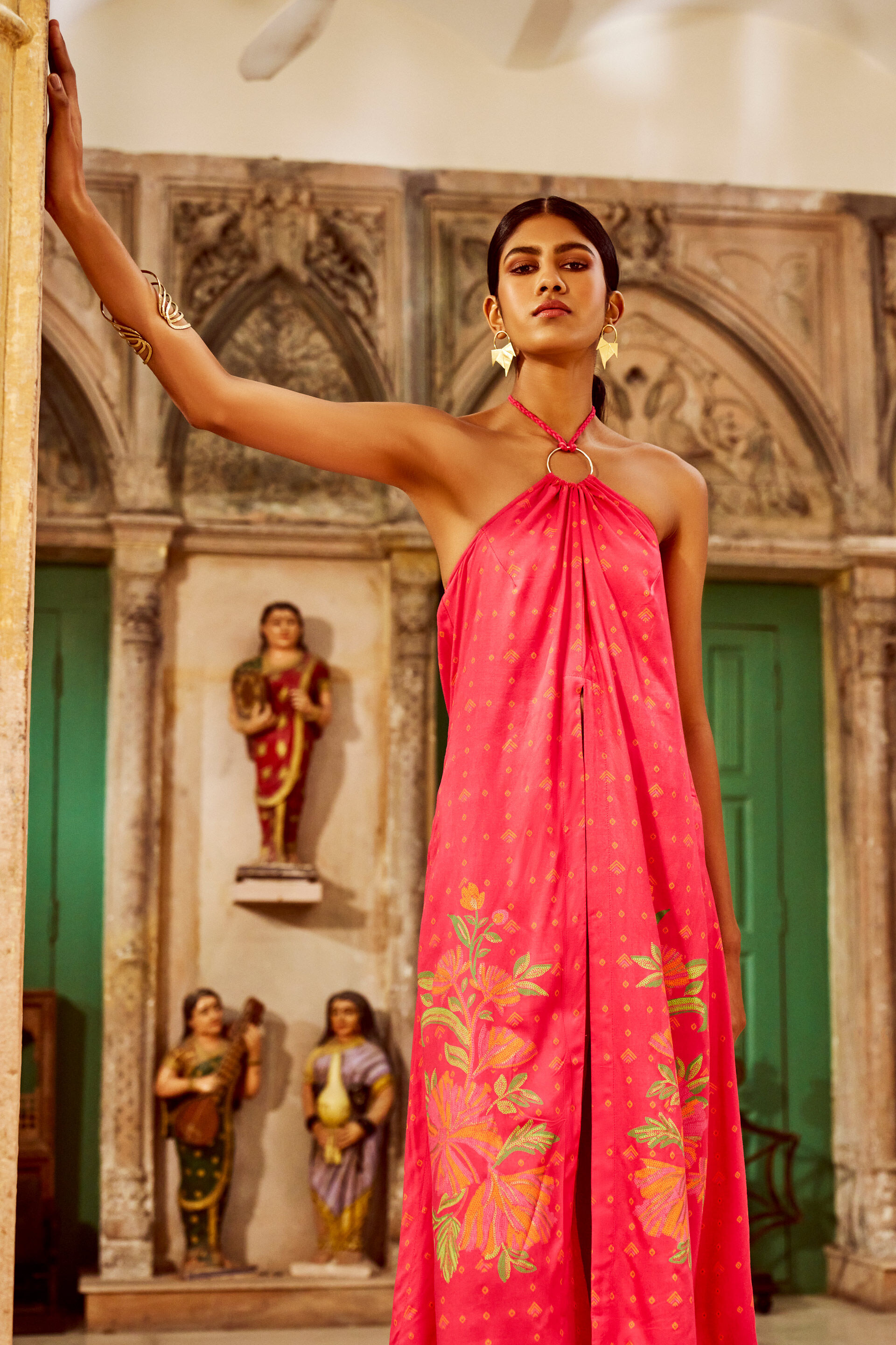 Festive Halter Neck Floral Kurta Set, Pink, image 2