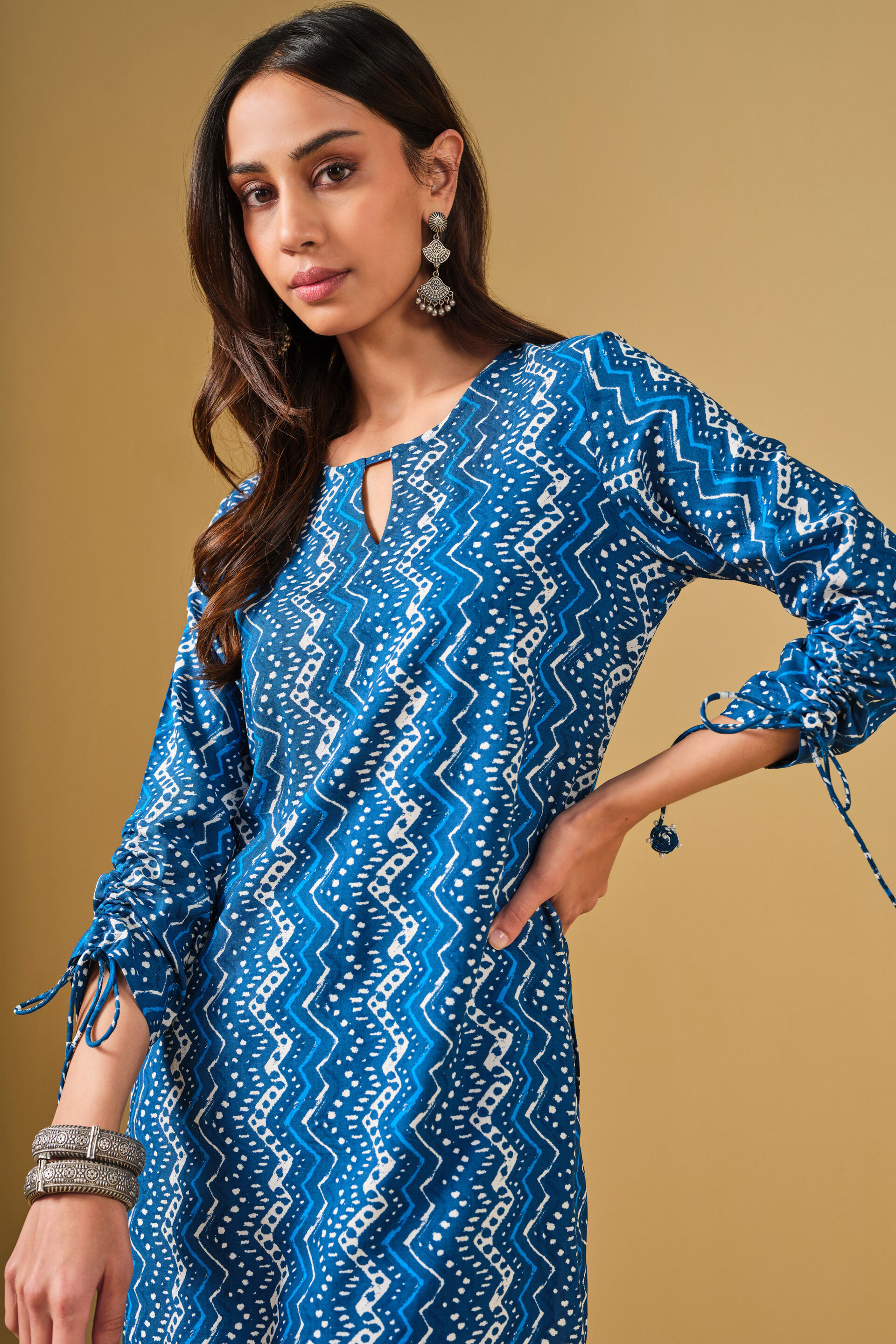 Geometric Print Blue Viscose Kurta Set, Blue, image 5