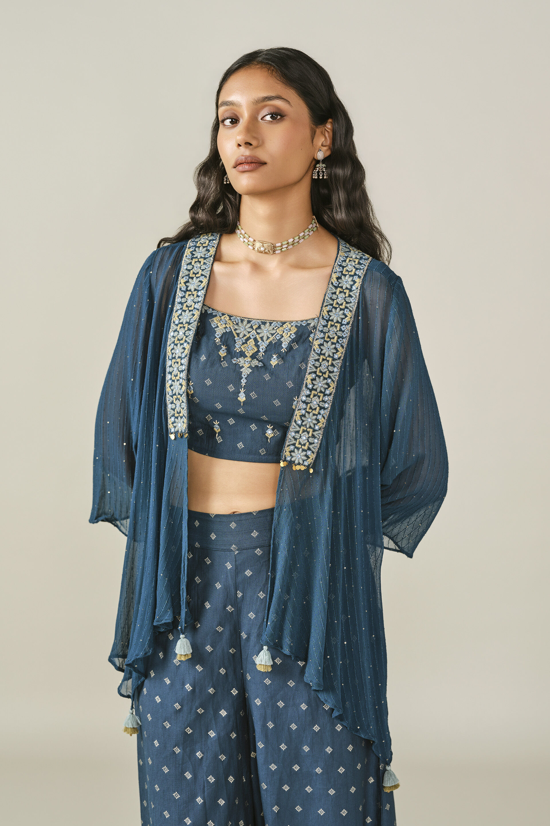 Embroidered Shrug Set in Teal, Teal, image 3