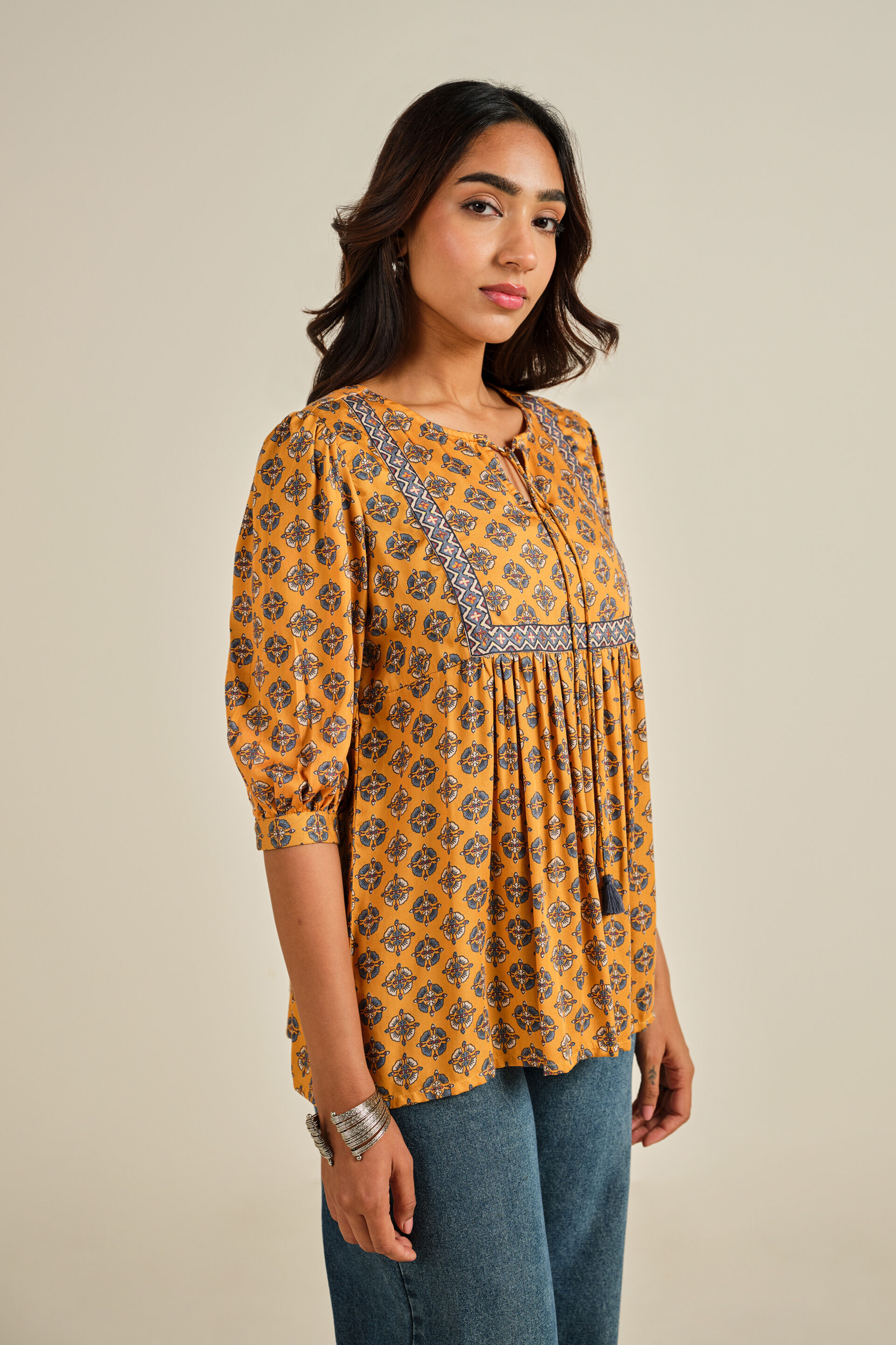 Rangrez Printed Top, Mustard, image 3