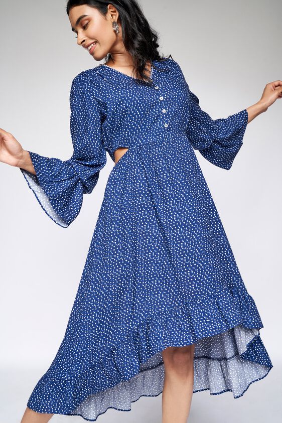 3 - Indigo Polka Dots Asymmetric Cut Out Dress, image 3