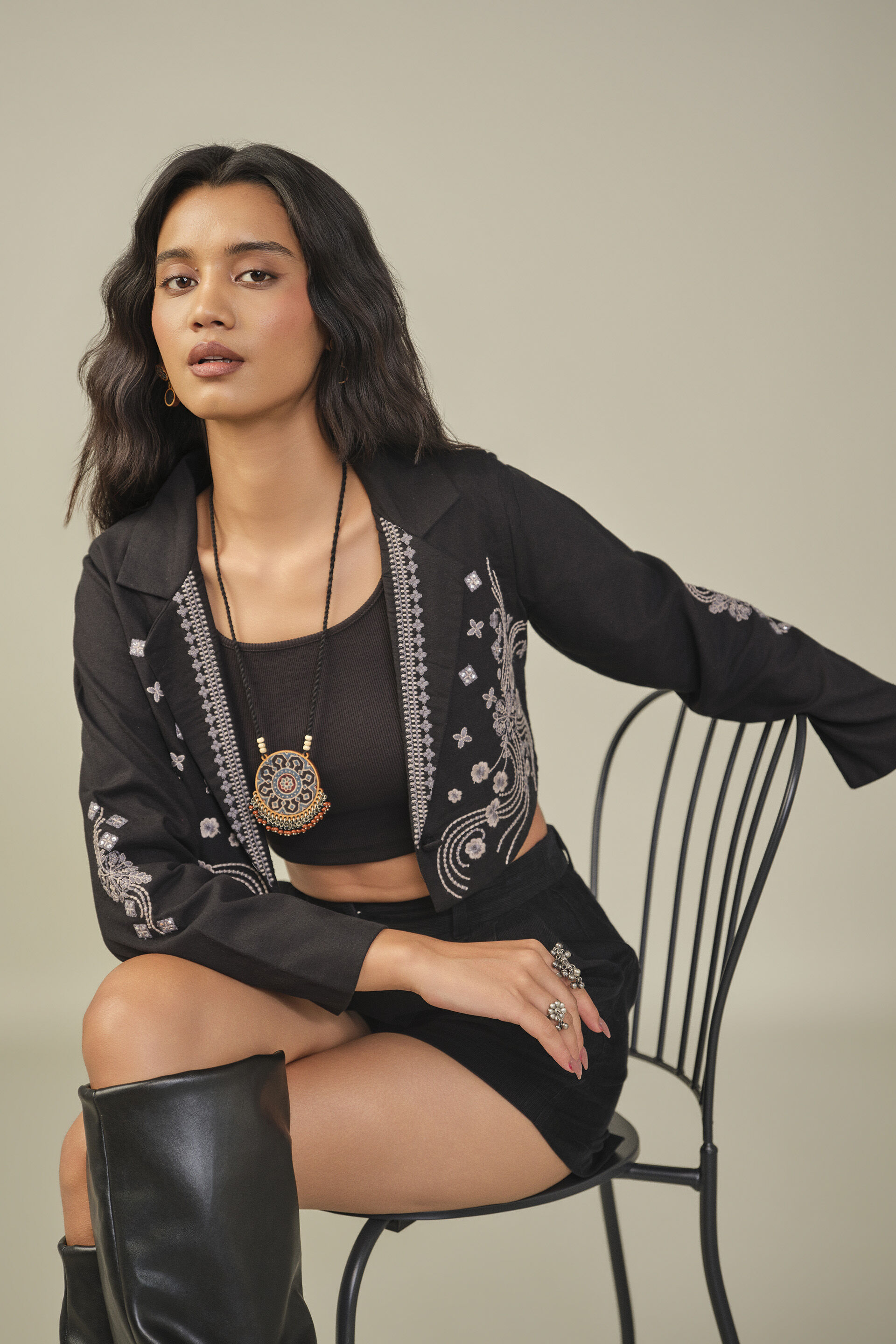 Embroidered Crop Jacket in Black, Black, image 3