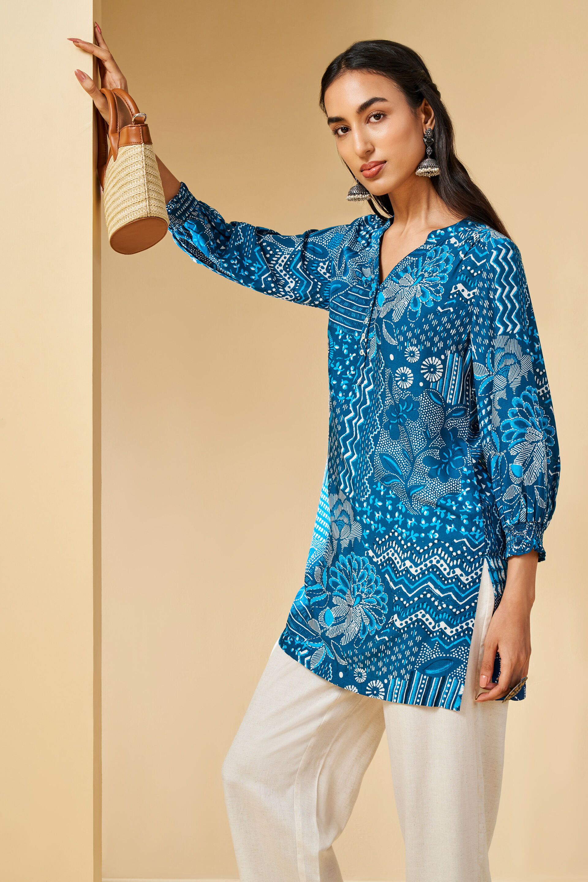 Indigo Inspired Geometric Viscose Tunic, Indigo, image 3