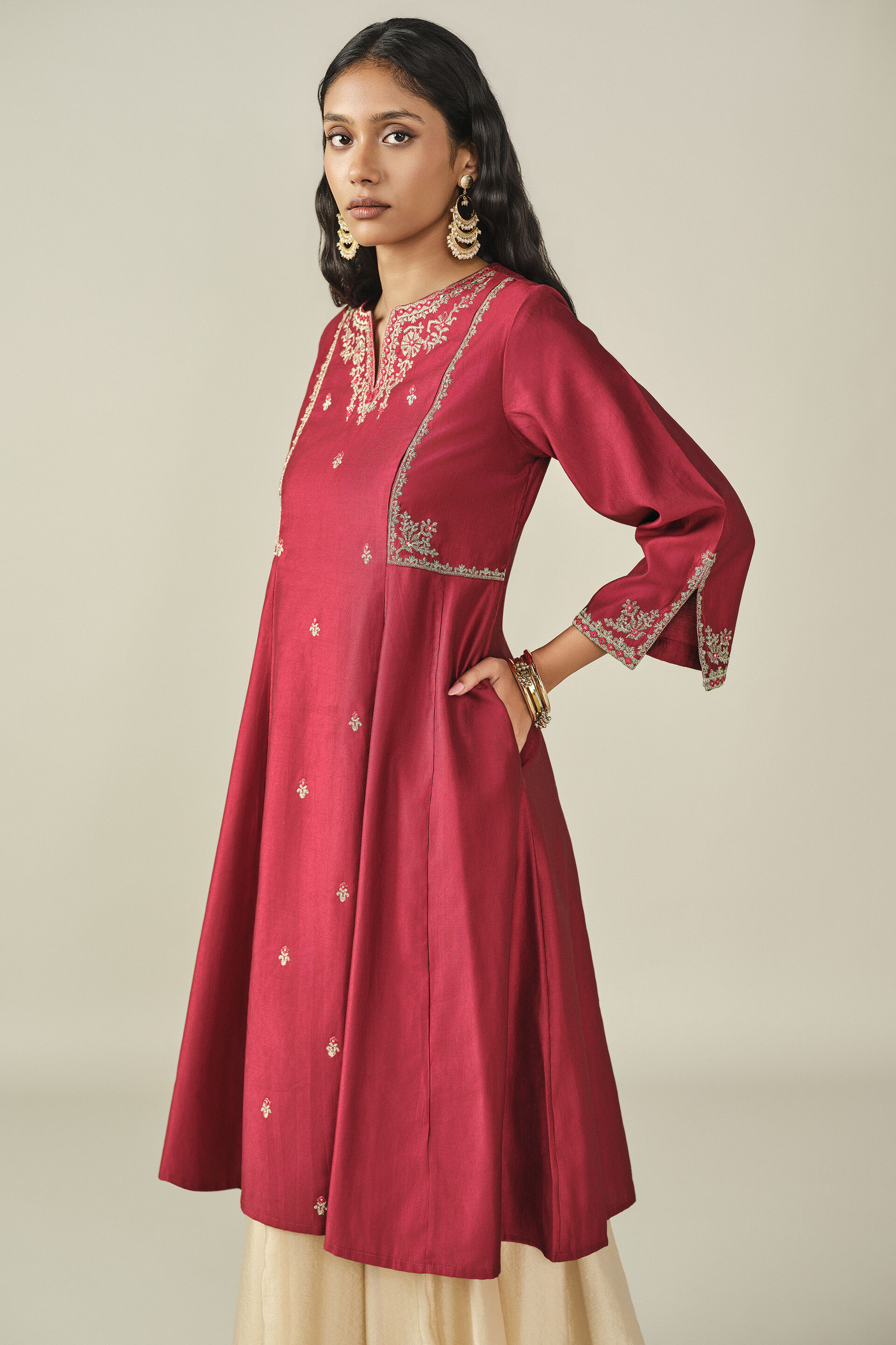 Embroidered A-line Kurta in Red, Red, image 4