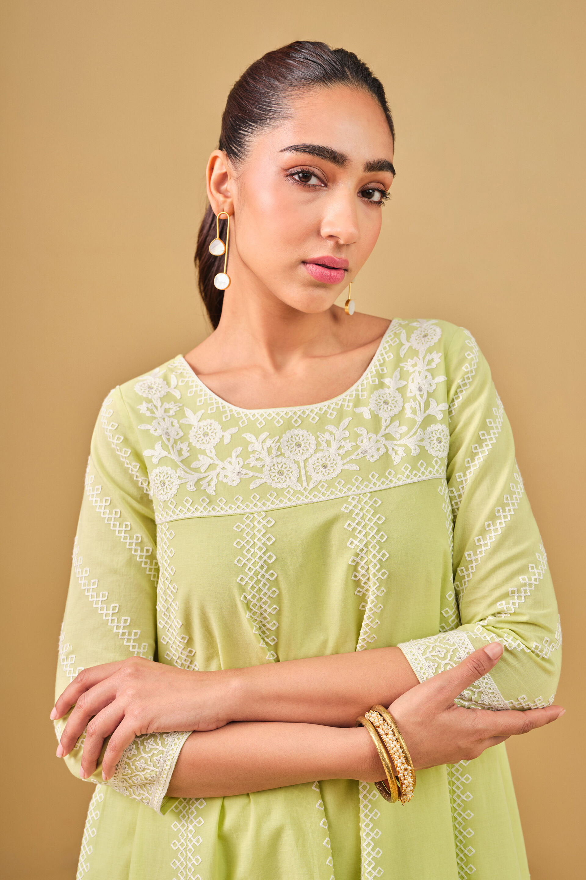 Lime Green Embroidered Cotton Kurta Set, Lime, image 5