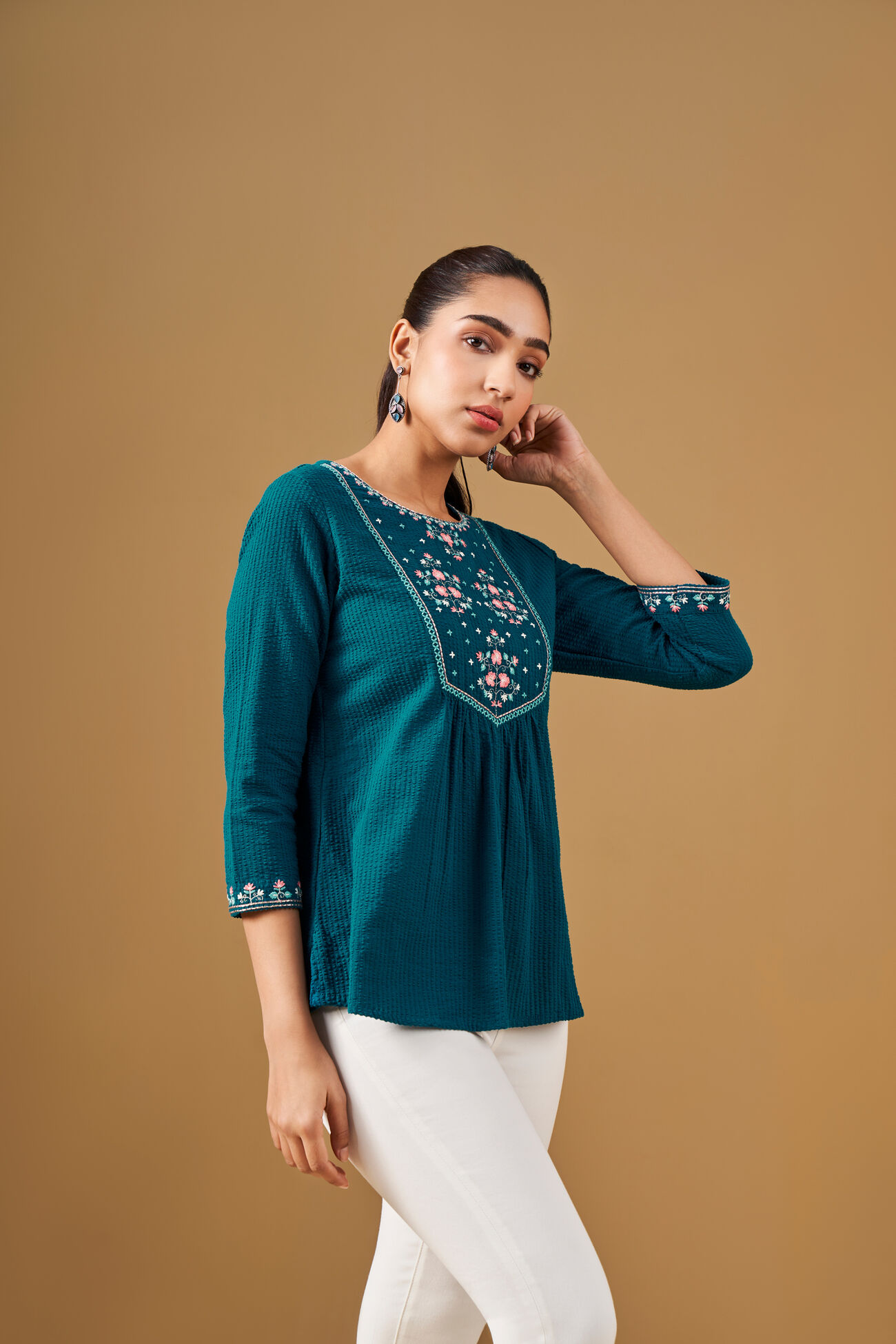 Floral Embroidered Teal Top, Teal, image 4
