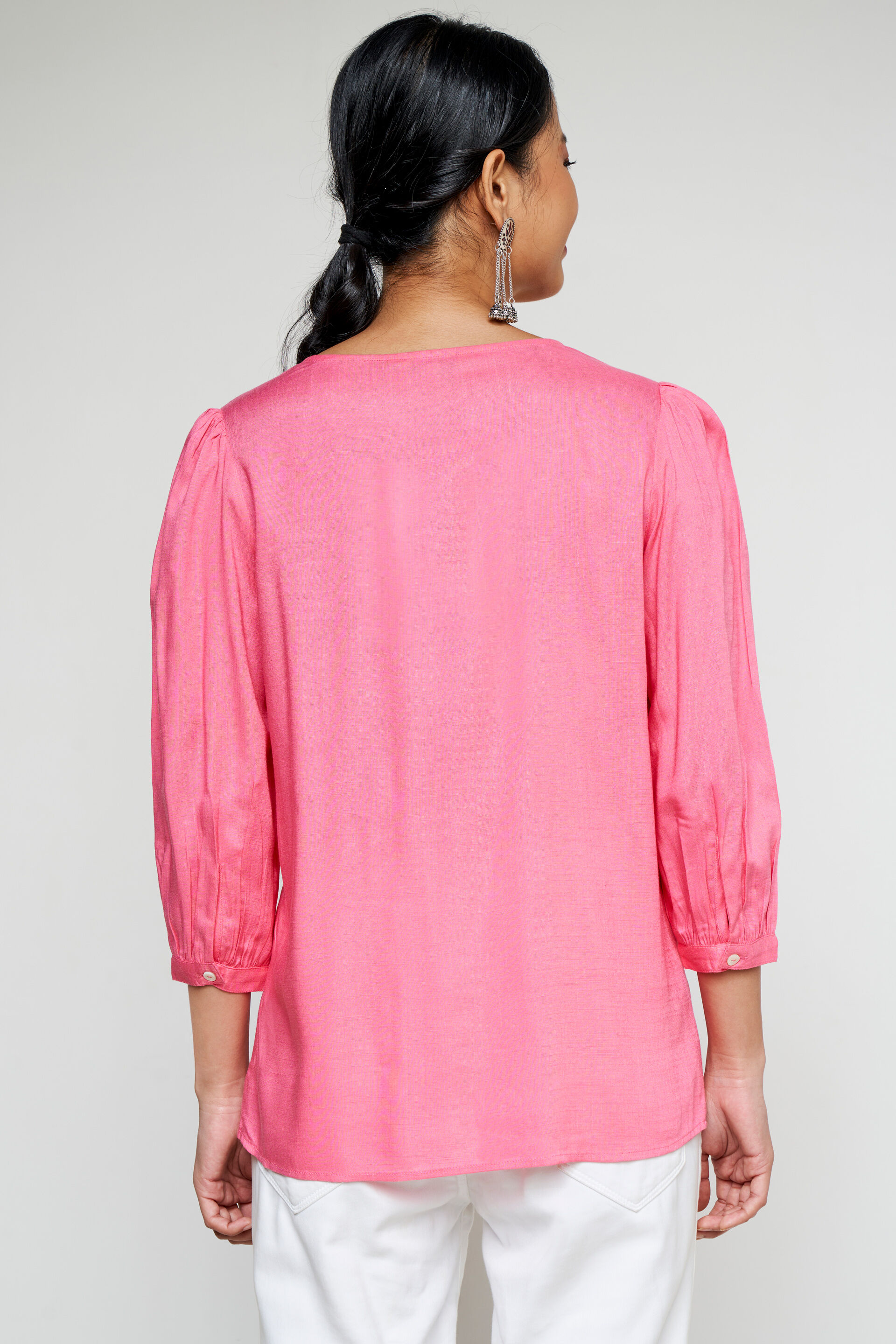 Pink Solid Embroidered Straight Top, Pink, image 4