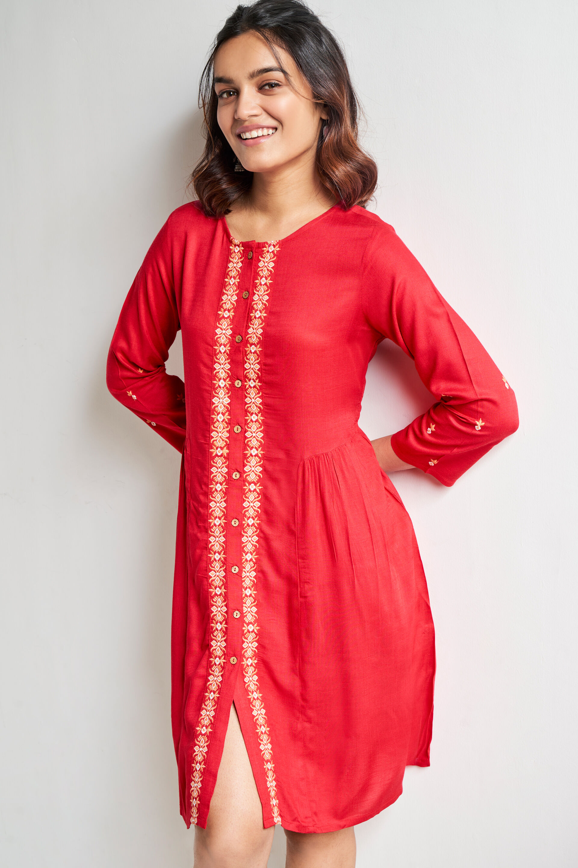 Buy Red Solid Embroidered Fit And Flare Tunic Online at Best Price