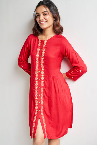 Red Solid Embroidered Fit And Flare Tunic, Red, image 1