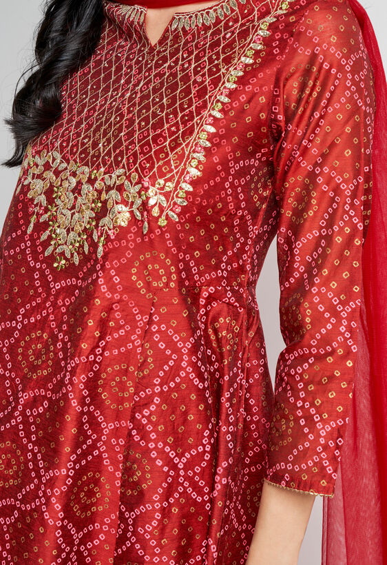 Red Ethnic Motifs Curved Suit, Red, image 5
