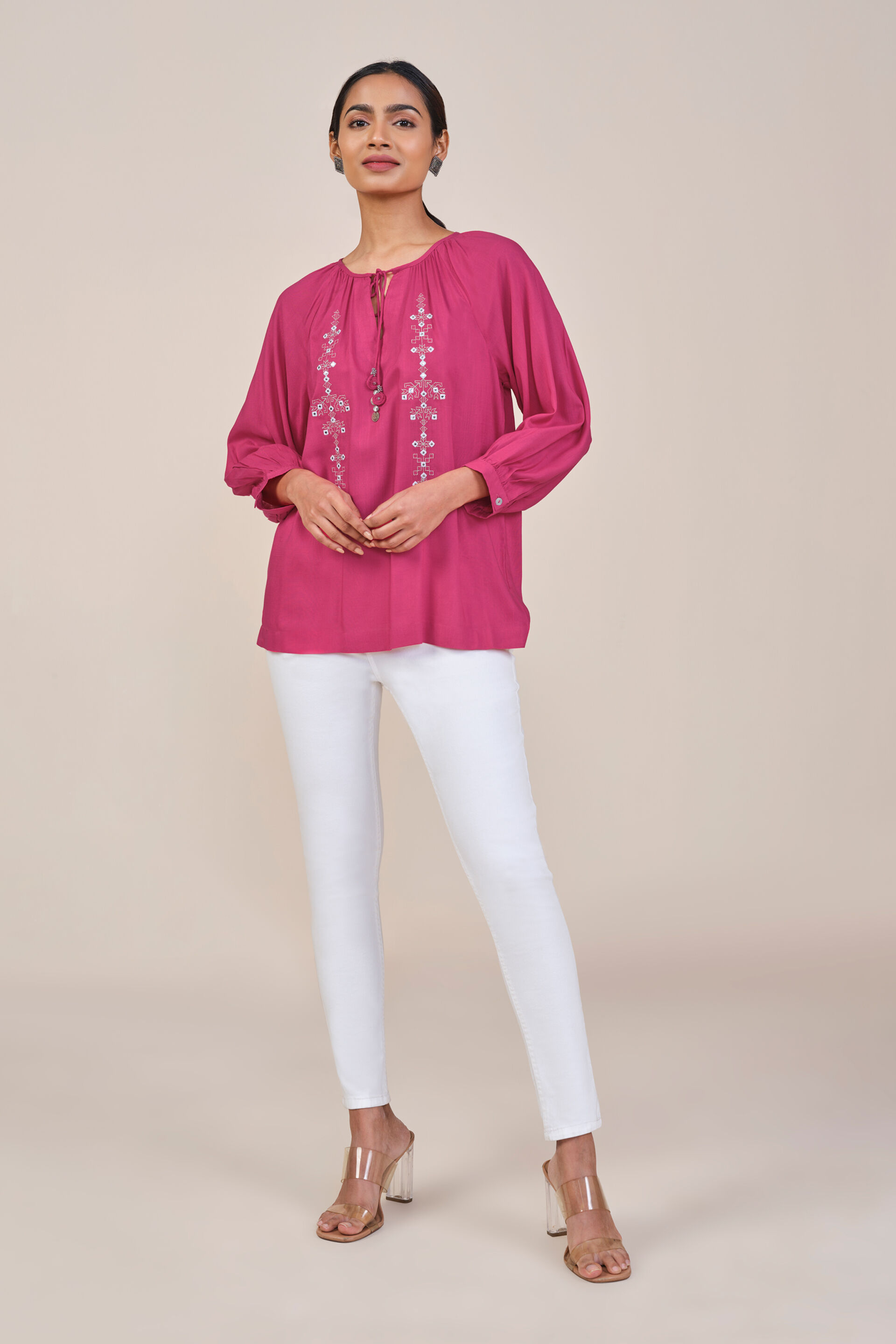 Pink Embroidered Tie Up Top, Pink, image 3