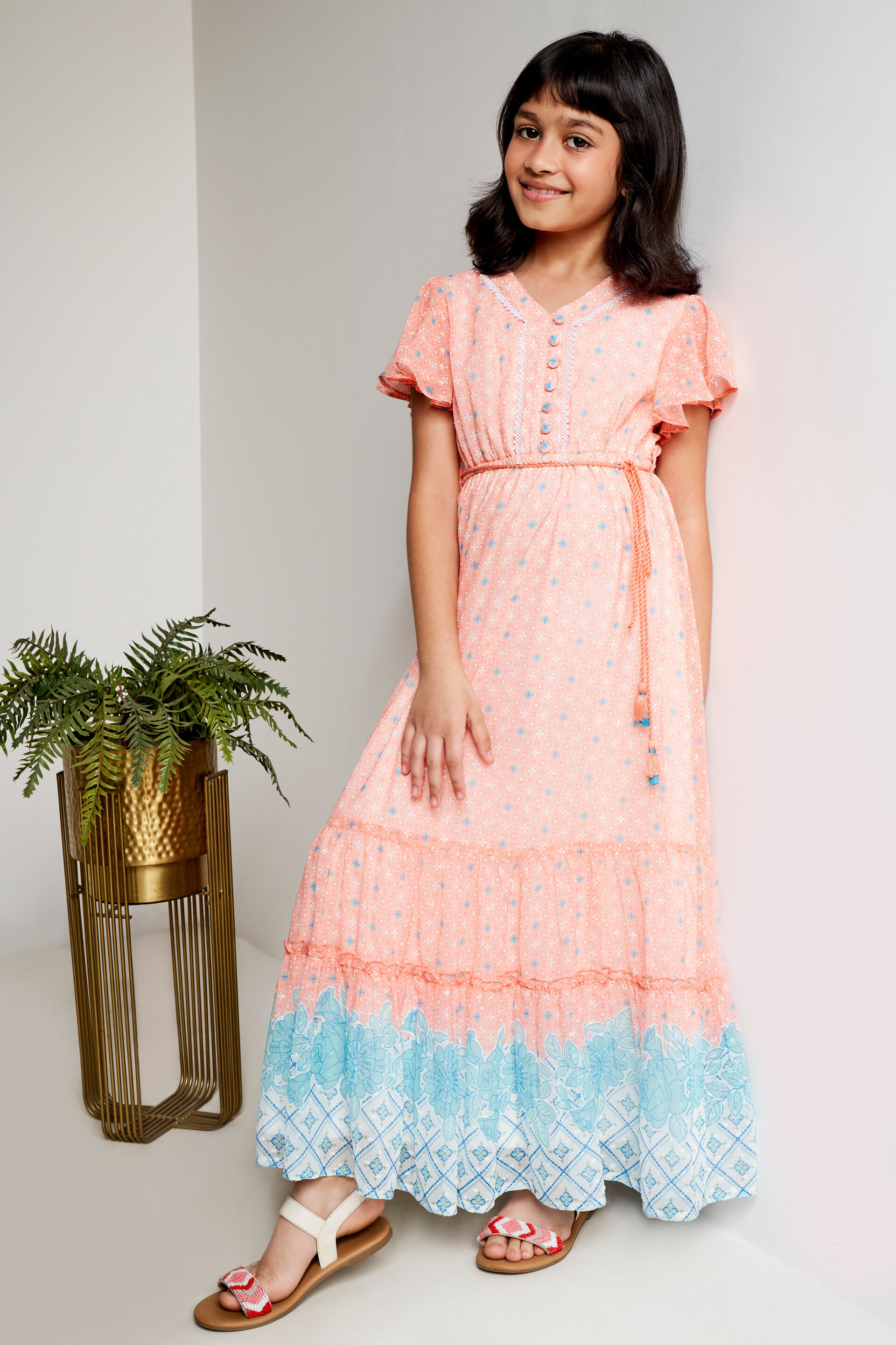 Coral Geometric Tassel Fit And Flare Gown, Coral, image 2