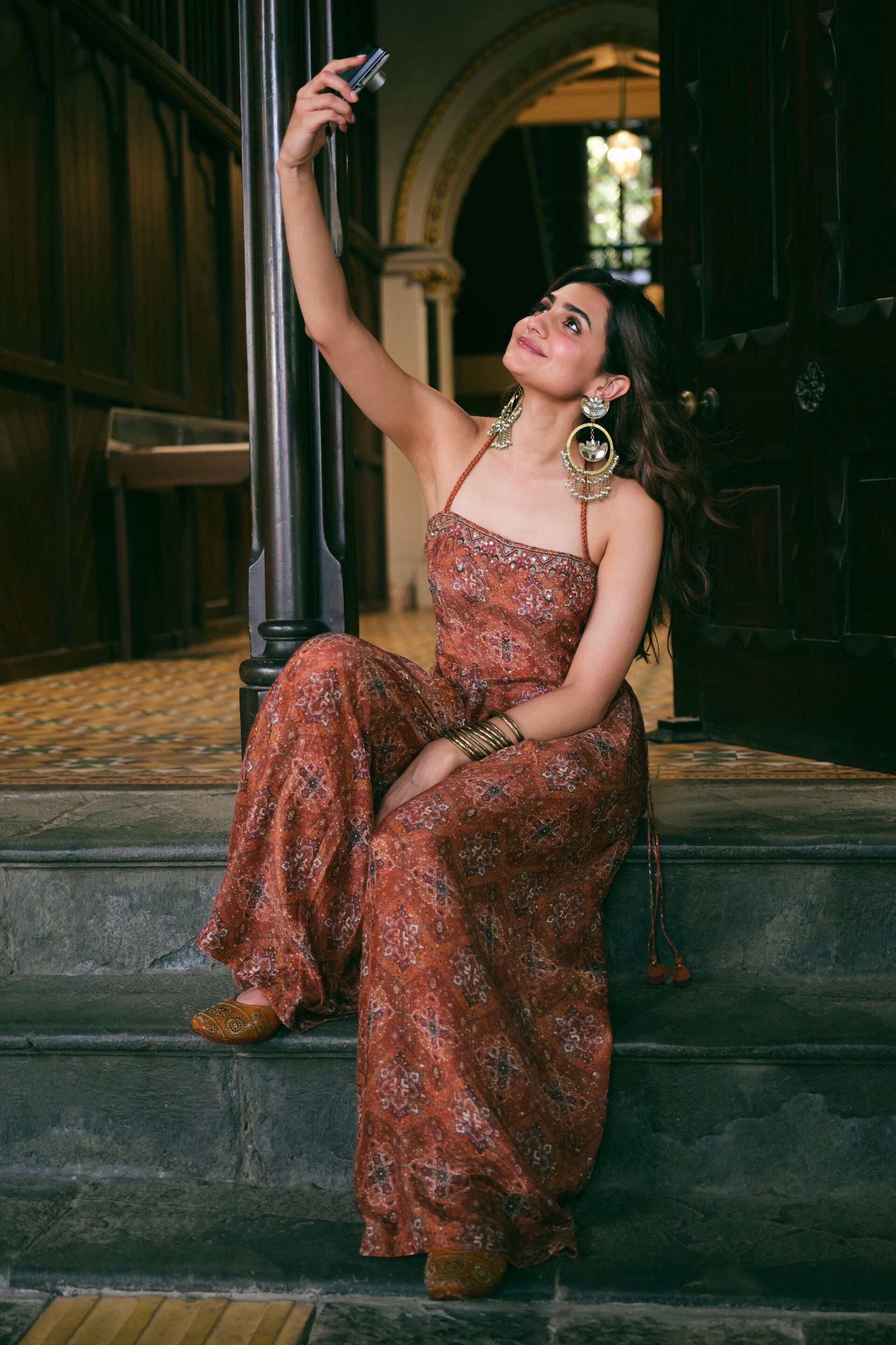 Printed Asymmetric Co-ord in Mustard, Mustard, image 2