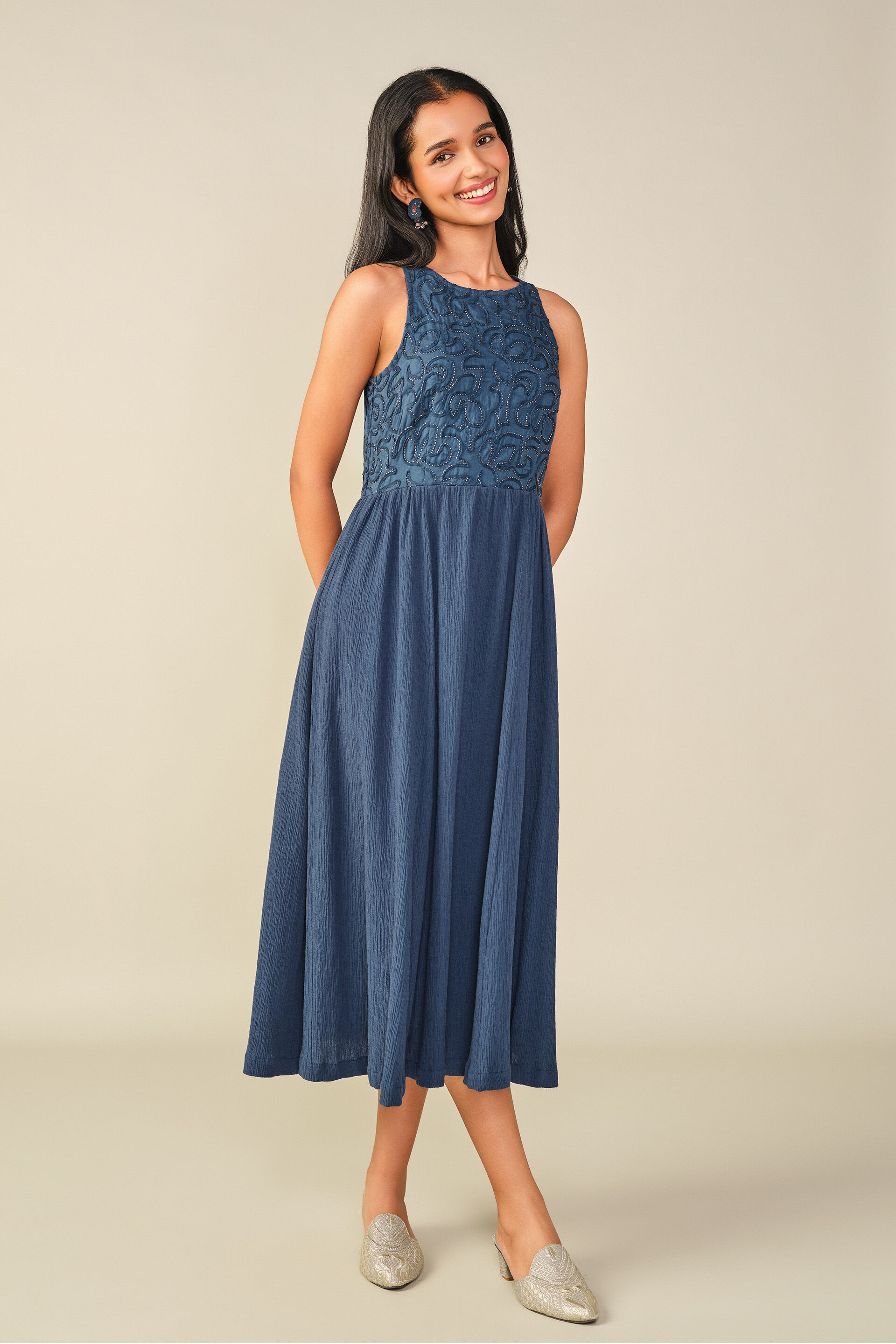 Embroidered Cotton Halter Midi Dress in Indigo