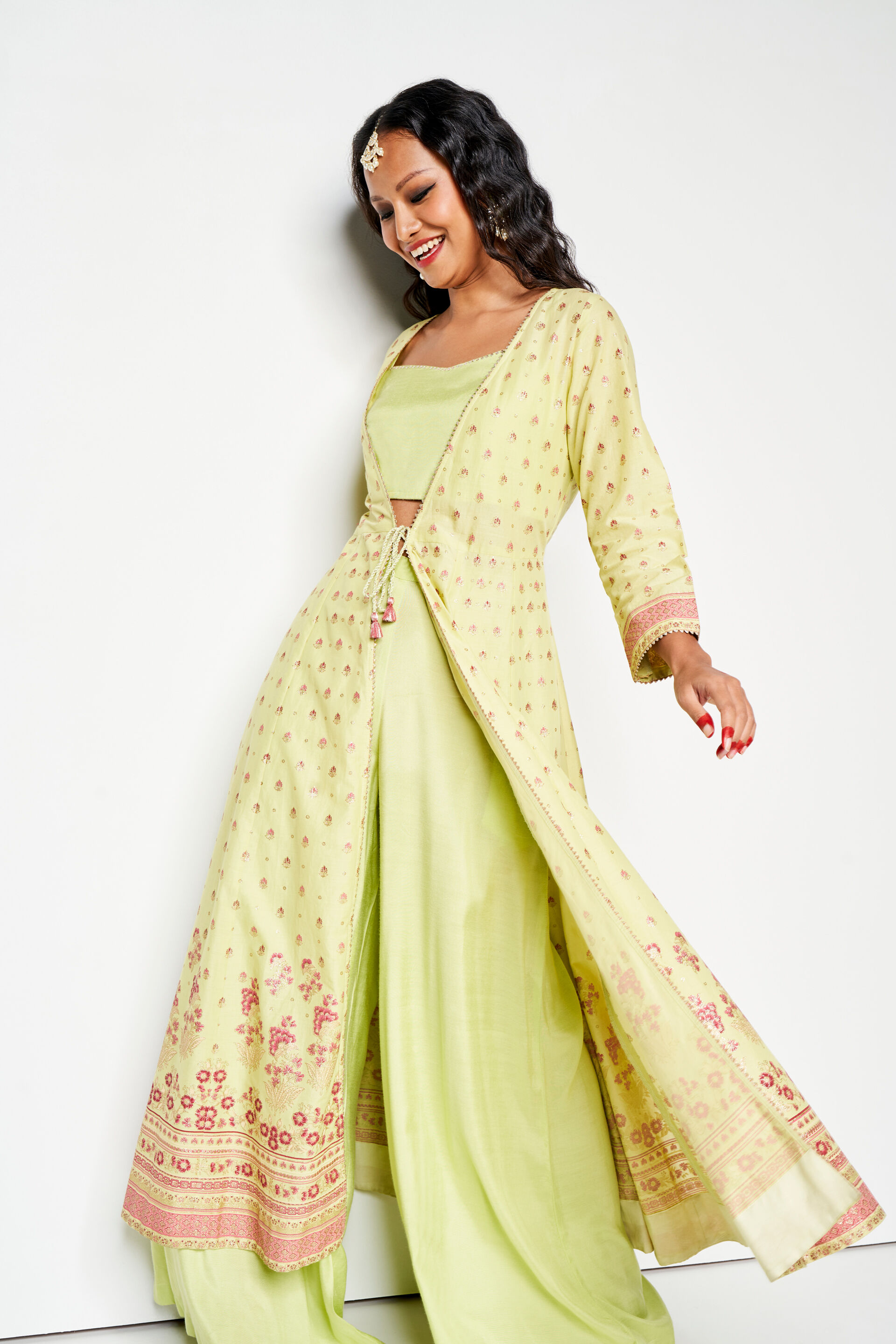 Buy our Lime Ethnic Motifs Flared Set 3 online from globaldesi.in SC FW23GM0623PSTN