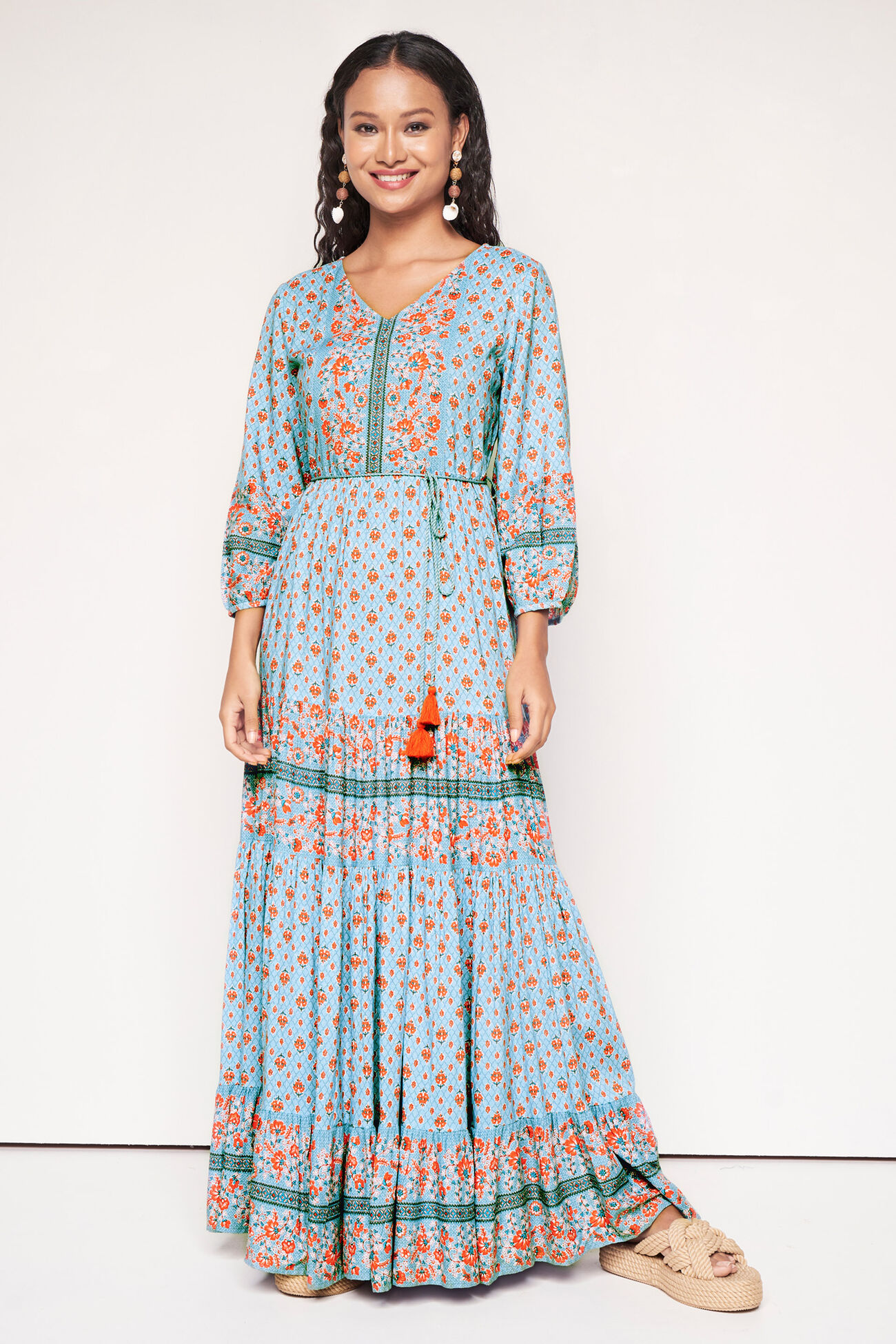 Buy our Aqua Ethnic Motifs Flared Maxi online from globaldesi.in SC ...