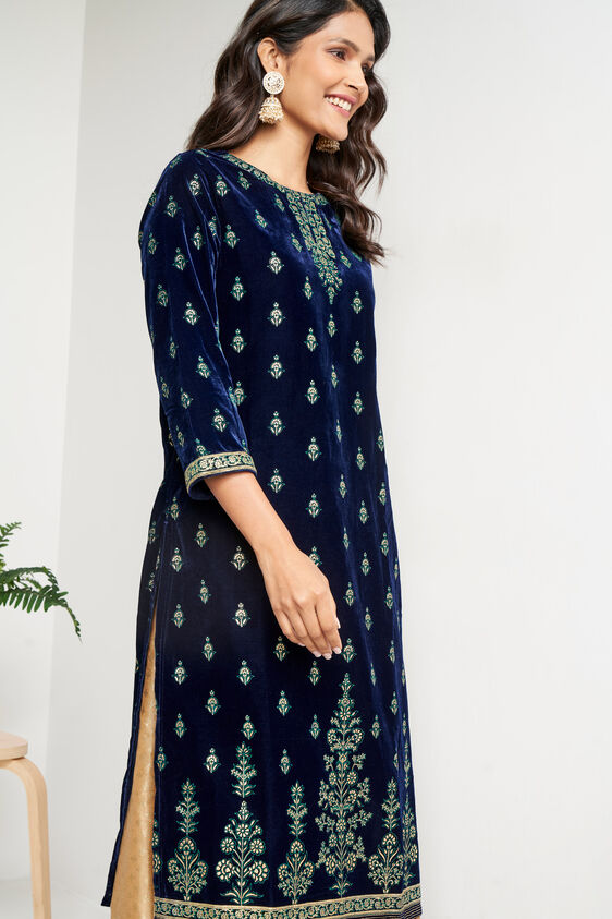 Navy Blue Foil Print Straight Slip-On Kurta, Navy Blue, image 4