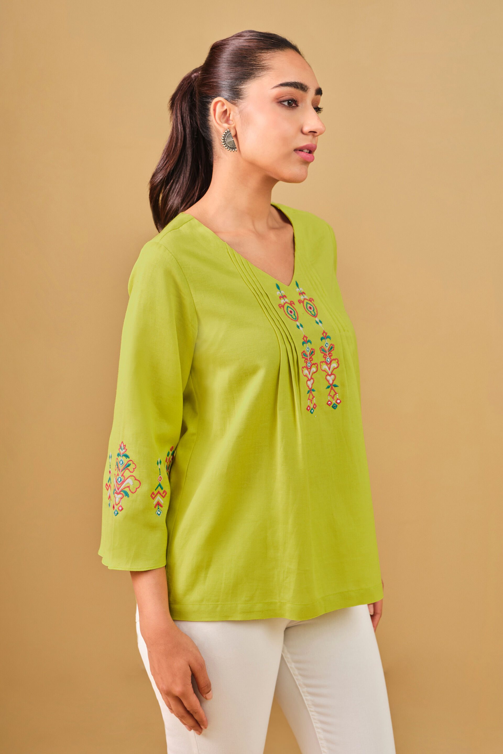 Pleated Lime Green Embroidered Top, Lime, image 3